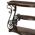Traditional Solid Sofa Table With Glass Inset, Metal Scrolls & 2 Shelves, Brown Brown Wood Metal
