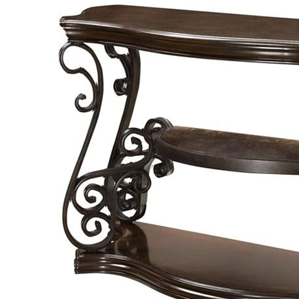 Traditional Solid Sofa Table With Glass Inset, Metal Scrolls & 2 Shelves, Brown Brown Wood Metal