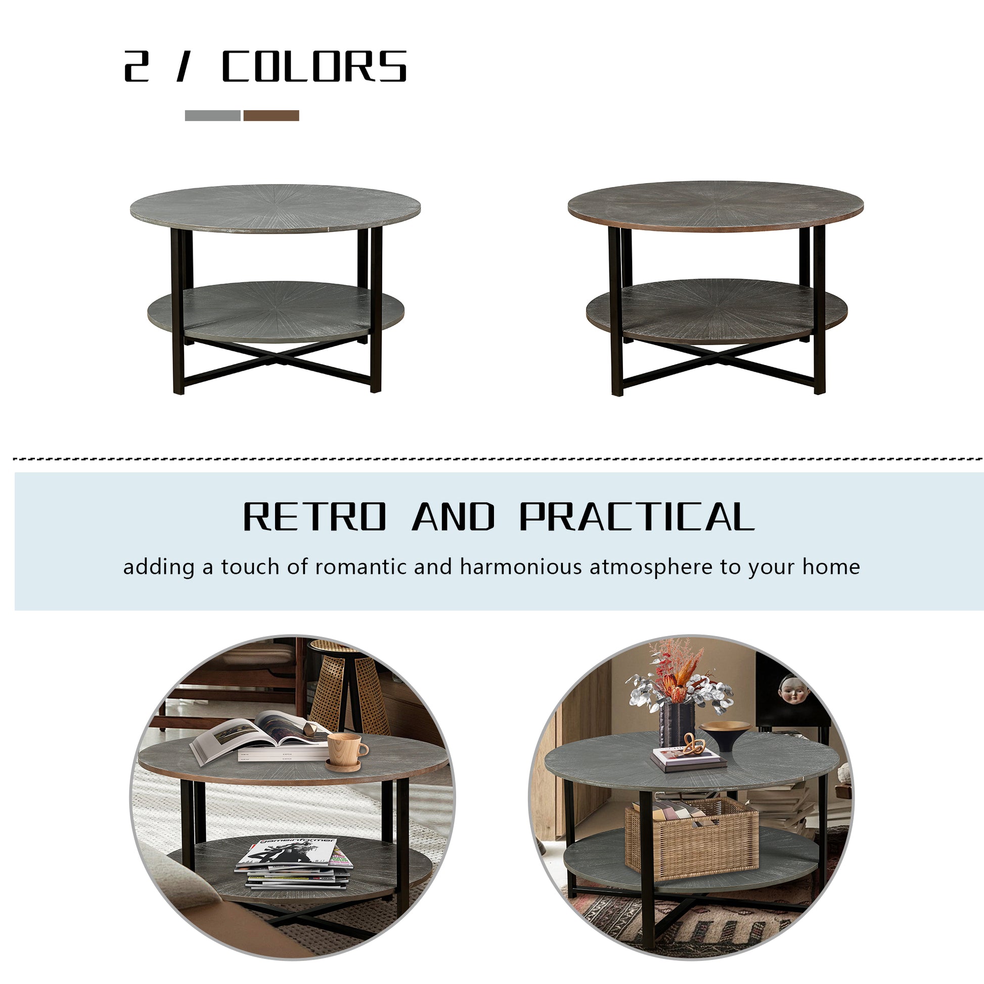 31.5"D X 31.5''W X 18.3''H Round Coffee Table With 2 Tier Storage, Farmhouse Living Room Cocktail Table With Black Metal Leg,Patchwork Desktop Effect Easy Assembly Antique Gray Antique Gray Primary Living Space American Design Floor Mount Round Open