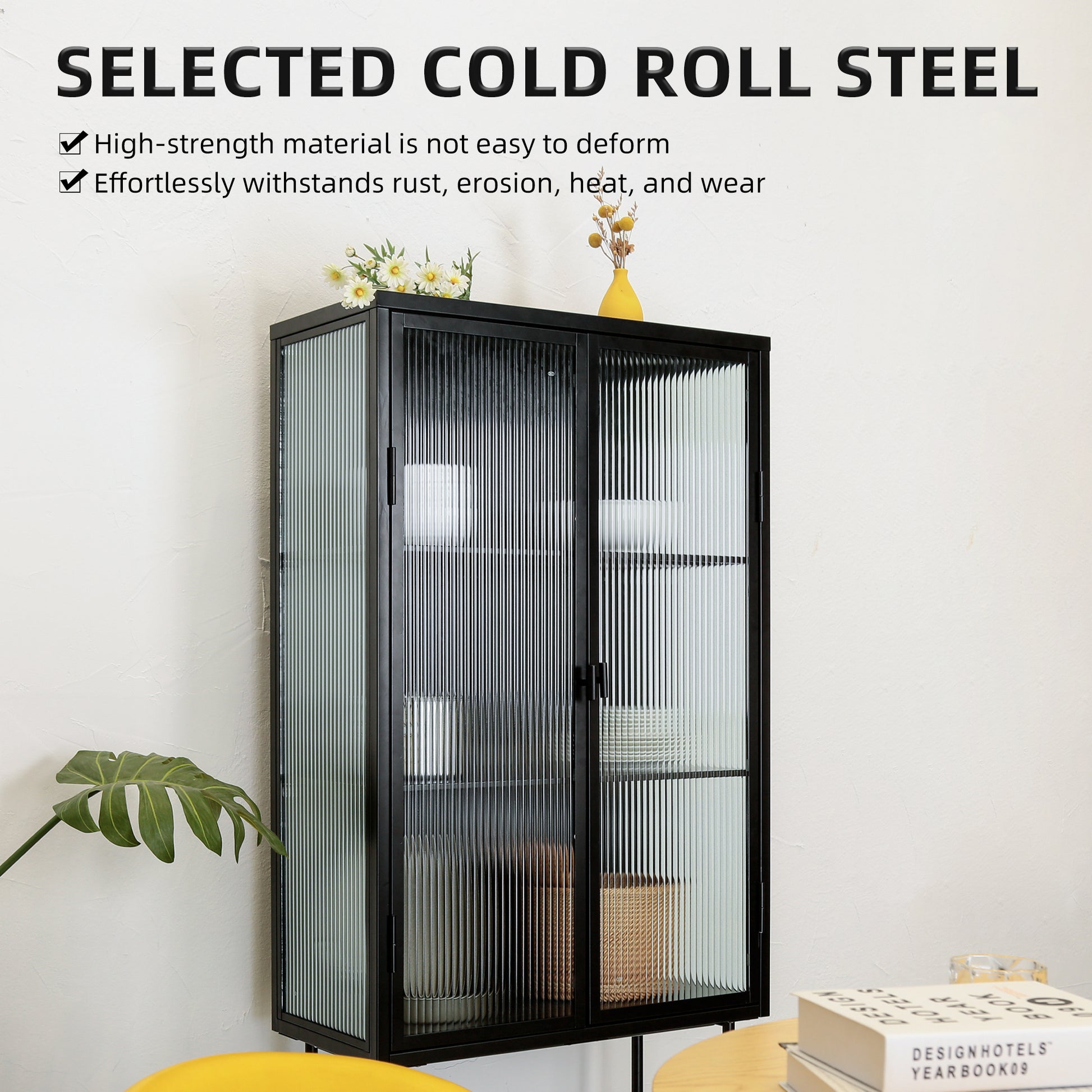 Retro Style Fluted Glass High Cabinet Storage Dual Doors Three Detachable Wide Shelves Enclosed Dust Free Storage For Living Room Bathroom Dining Room Kitchen Room Entryway,Black Old Sku:W68743734 Black Wood