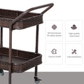 Outsunny Rattan Wicker Serving Cart With 2 Tier Open Shelf, Outdoor Wheeled Bar Cart With Brakes For Poolside, Garden, Patio Brown Steel