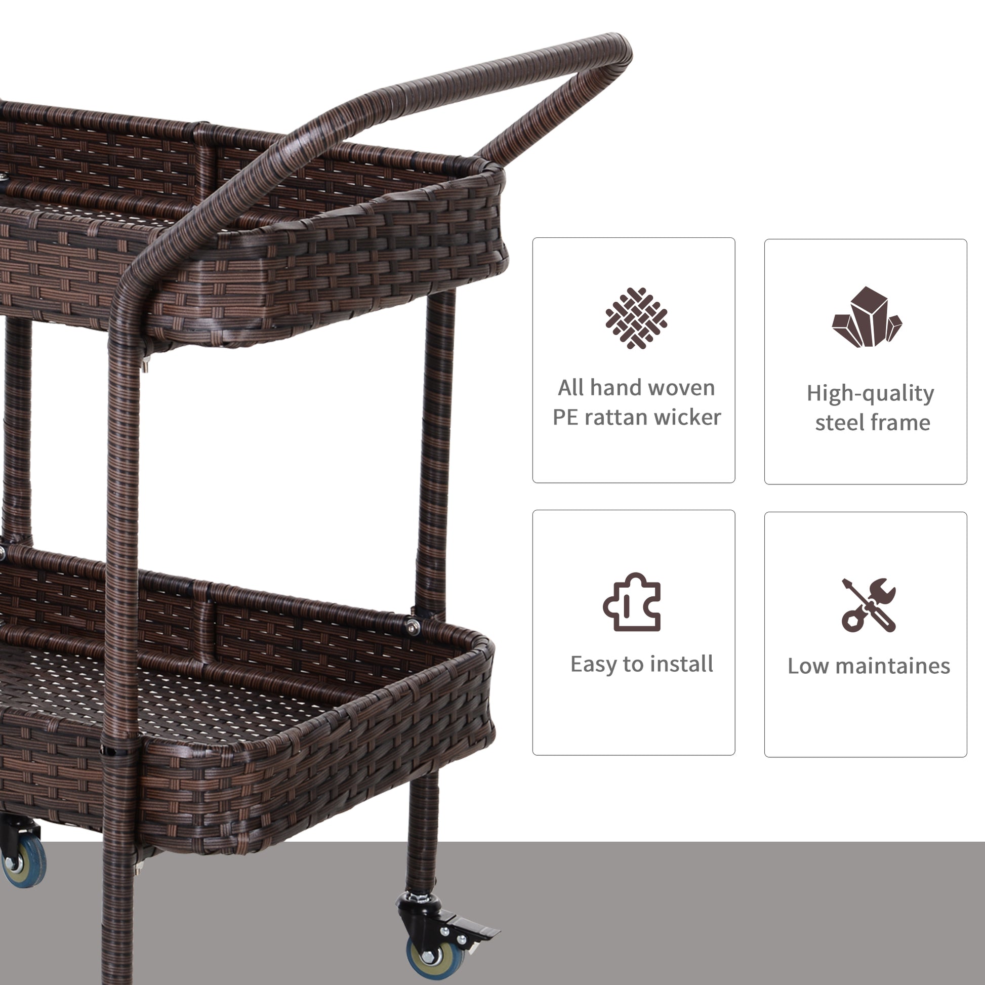 Outsunny Rattan Wicker Serving Cart With 2 Tier Open Shelf, Outdoor Wheeled Bar Cart With Brakes For Poolside, Garden, Patio Brown Steel