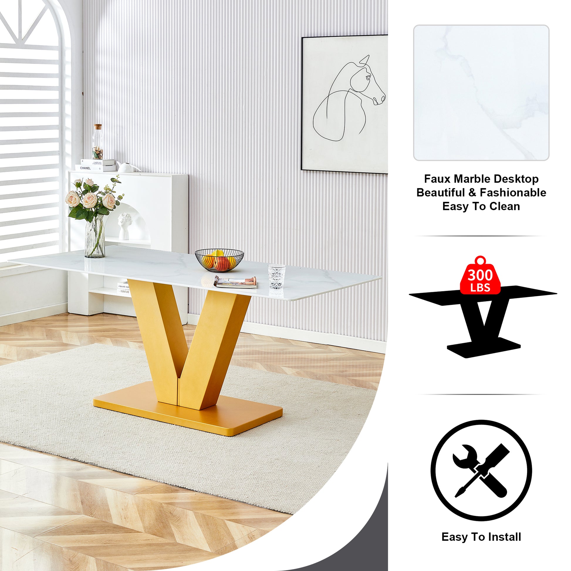 Marble Style White Dining Table For 4 8 People With 0.4 "Table Top And V Shaped Gold Mdf Table Legs Ideal For Kitchens, Dining Rooms, Living Rooms And Banquet Halls Gold Mdf Glass