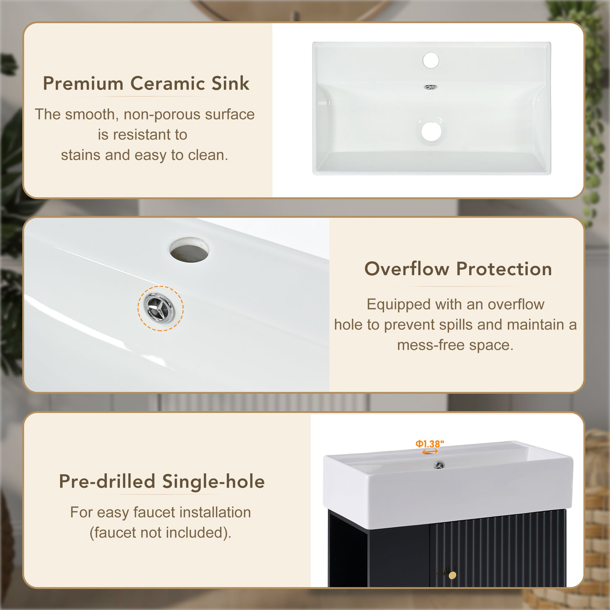 Video 21.6 Inch Modern Floating Bathroom Vanity With Ceramic Basin Perfect For Small Bathrooms, Left Side Storage Black Bathroom Ceramic Mdf