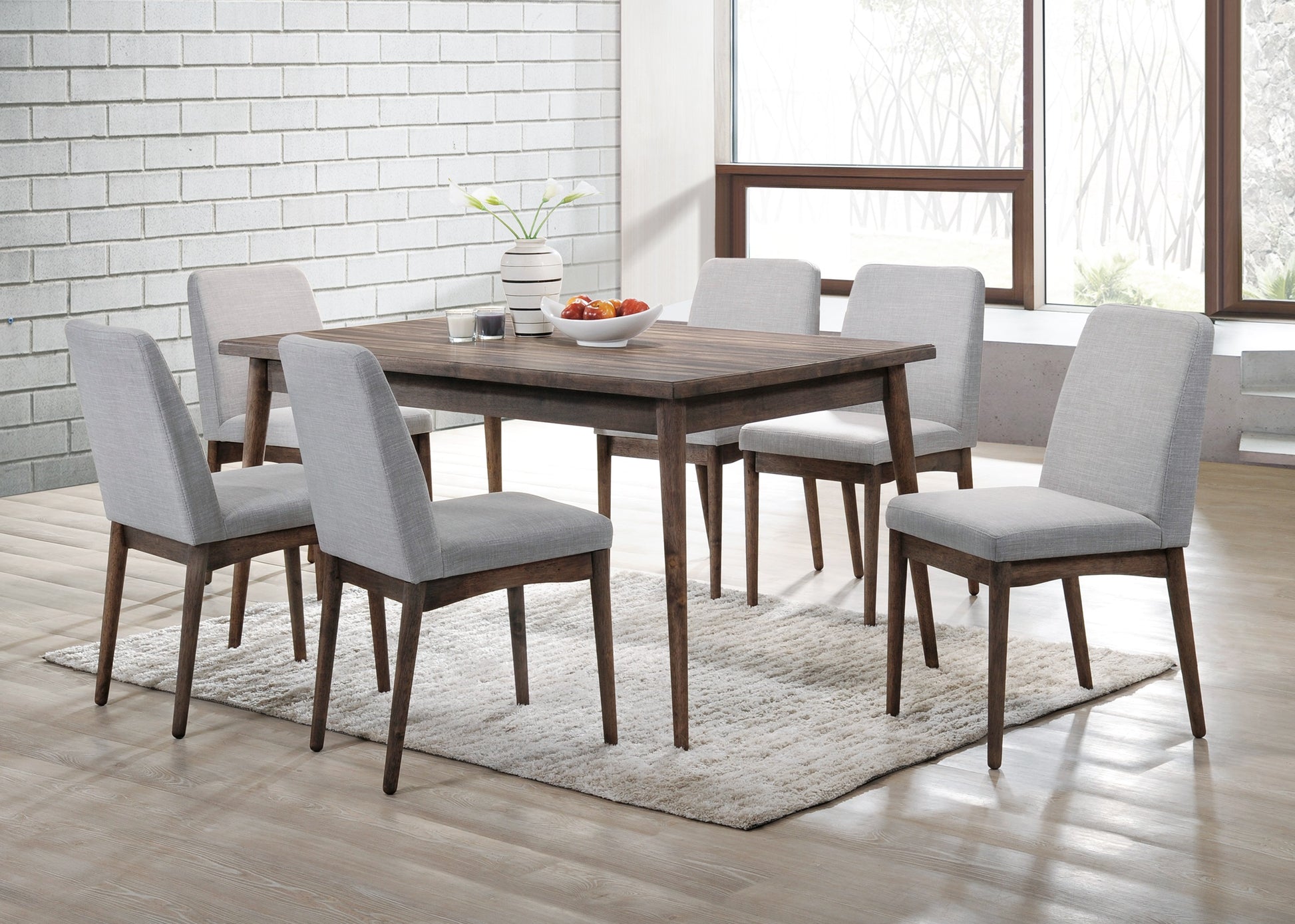 Modern 7Pc Dining Set Ash Walnut Finish Dining Table 6X Side Chairs Foam Cushion Fabric Upholstery Wood Dining Room Rubberwood Rectangular Dining Table With Chair Upholstered Chair Wood Walnut Solid Back Seats 6 Classic,Contemporary,Modern,Transitional 4