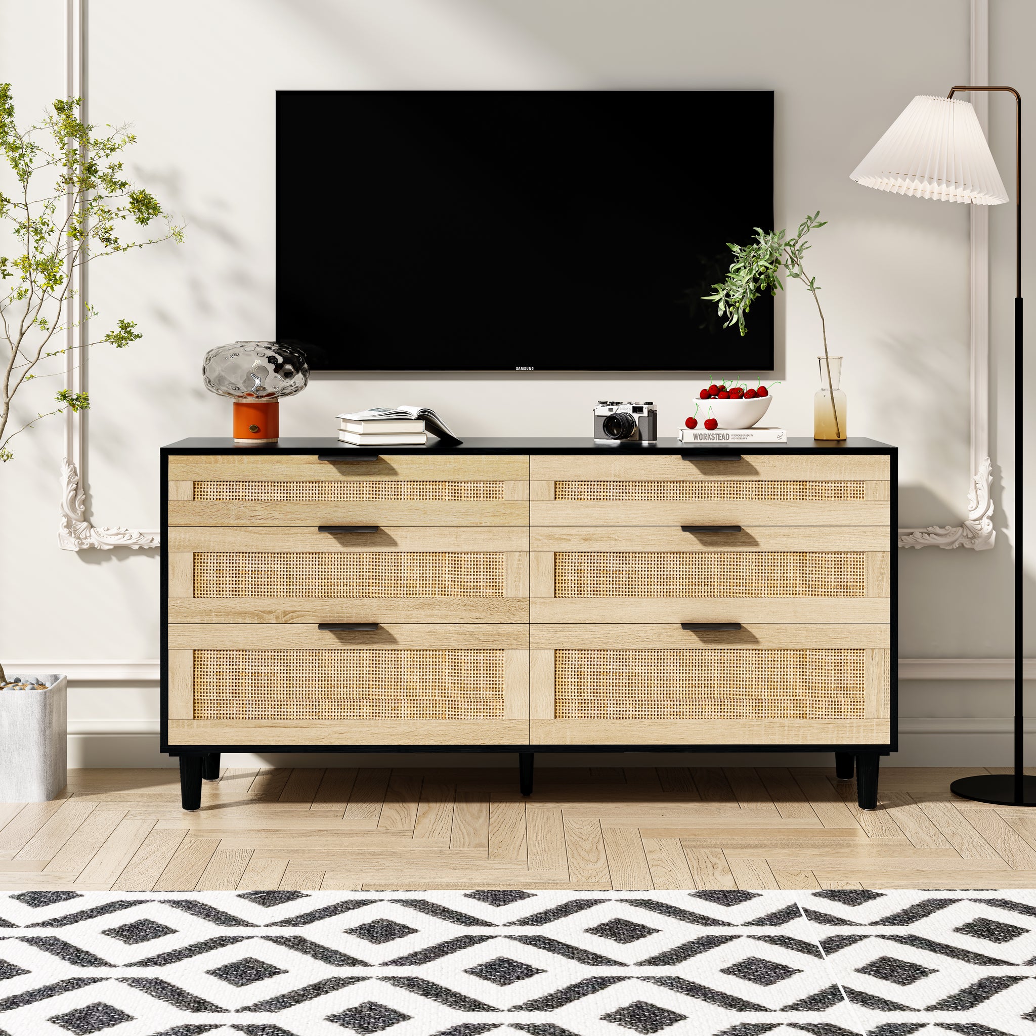 59" Rattan Dresser With Drawers, 6 Drawer Dresser For Bedroom, Clothes Storage Cabinet For Bedroom, Metal Handle&Wood Legs For Hallway, Living Room, ... 59" Rattan Dresser With Drawers, 6 Drawer Dresser For Bedroom, Clothes Storage Cabinet For Bedroom, Metal Handle&Wood Legs For Hallway, Living Room, ...