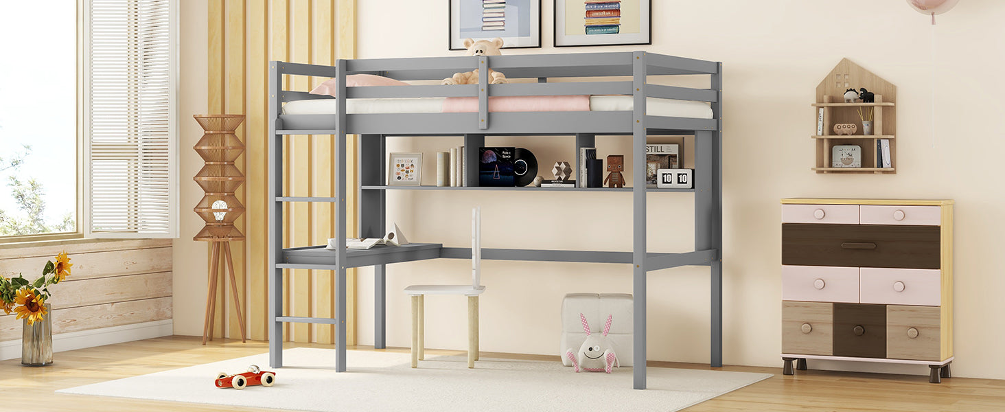 Twin Size Loft Bed With Desk And Shelves, Safety Guardrail And Ladder,Grey Twin Grey Pine