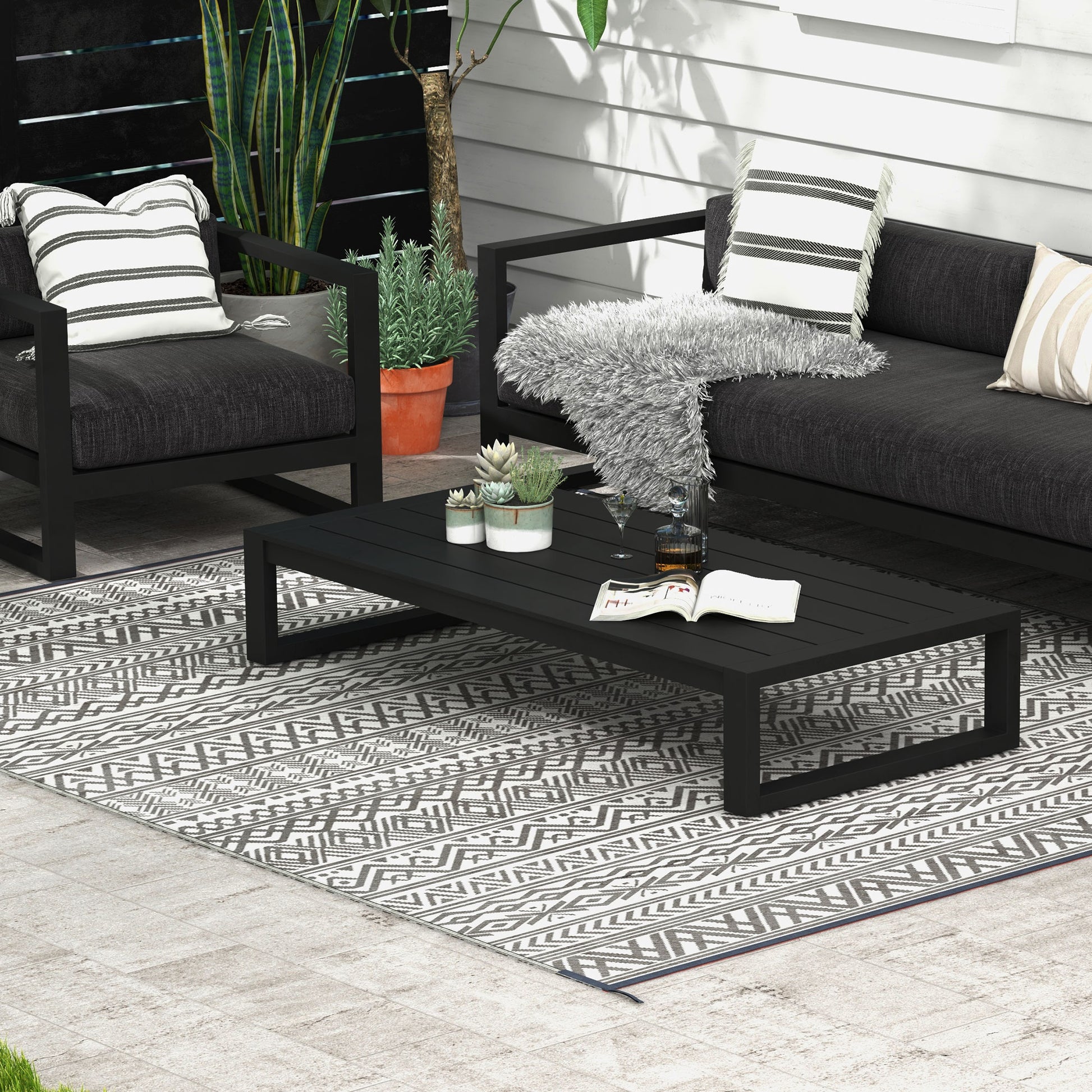 Outsunny Reversible Outdoor Rug, 8' X 10' Waterproof Plastic Straw Floor Mat, Portable Rv Camping Carpet With Carry Bag, Large Floor Mat For Backyard, Deck, Picnic, Beach, Gray & Cream White Boho Multicolor Polypropylene