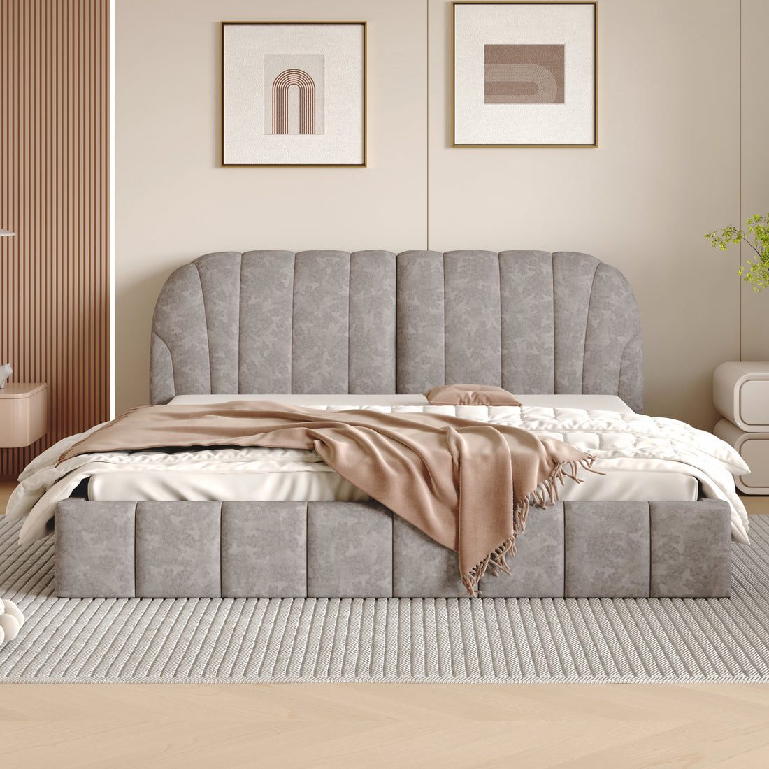 Queen Size Upholstered Platform Bed With Thick Fabric, Polyester, Gray Queen Gray Polyester