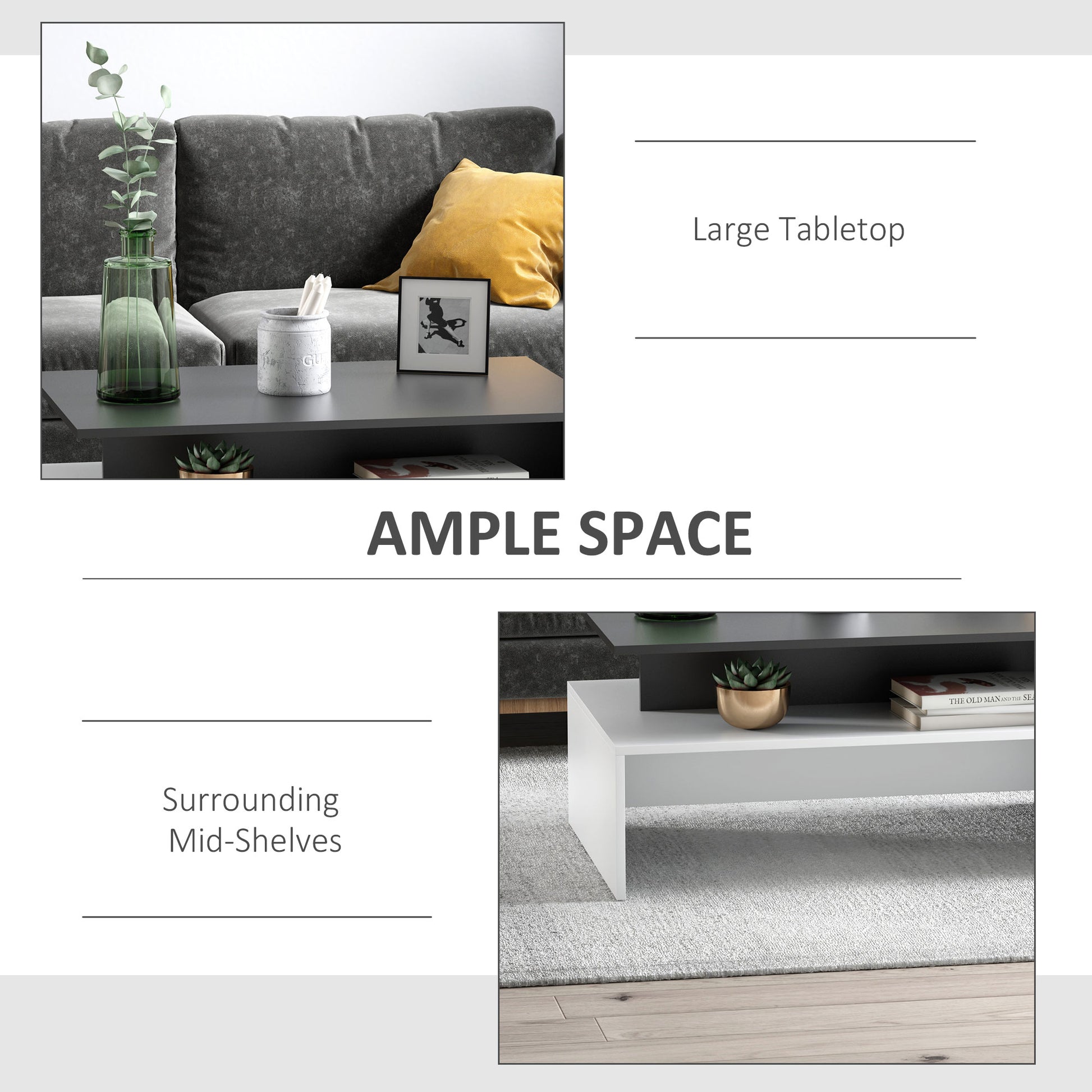 Homcom Modern Coffee Table, 2 Tier Rectangular Center Table With Storage Shelves For Living Room, Black White White Black Engineered Wood