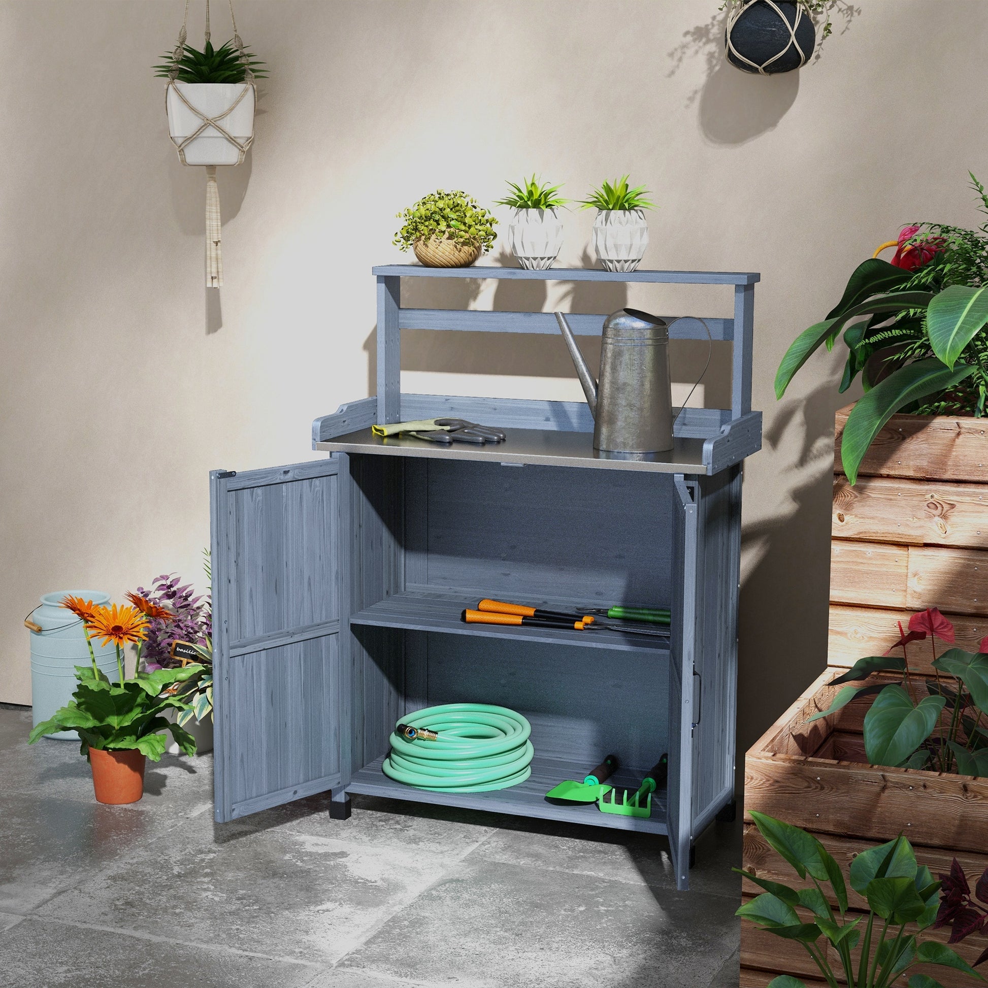 Outsunny Potting Bench, Outdoor Wooden Potting Table With Storage Cabinet With 2 Shelves, Garden Work Bench With Galvanized Plated Tabletop For Backyard, Balcony, Gray Gray Wood