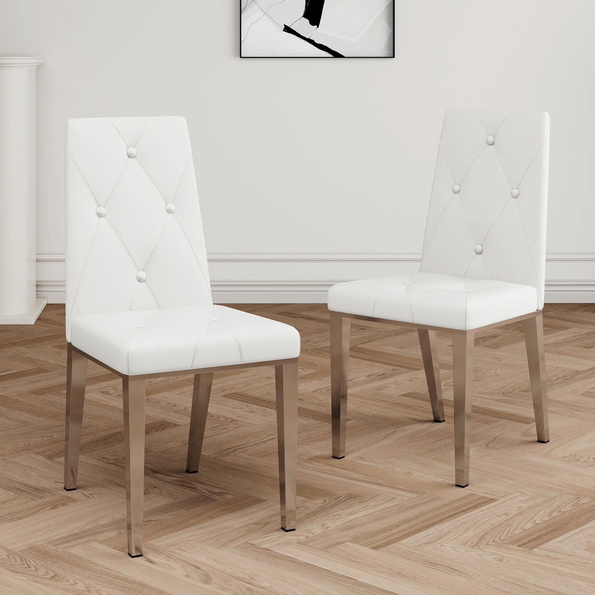 Modern Simple Light Luxury Dining Chair White Chair Home Bedroom Stool Back Pu Electroplated Chair Legs Set Of 2 Metal White Silver Pu