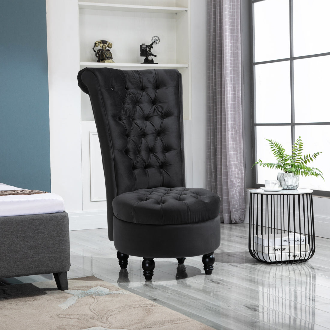 Homcom High Back Accent Chair, Upholstered Armless Chair, Retro Button Tufted Royal Design With Thick Padding And Rubberwood Leg For Living Room, Dining Room And Bedroom, Black Black Polyester