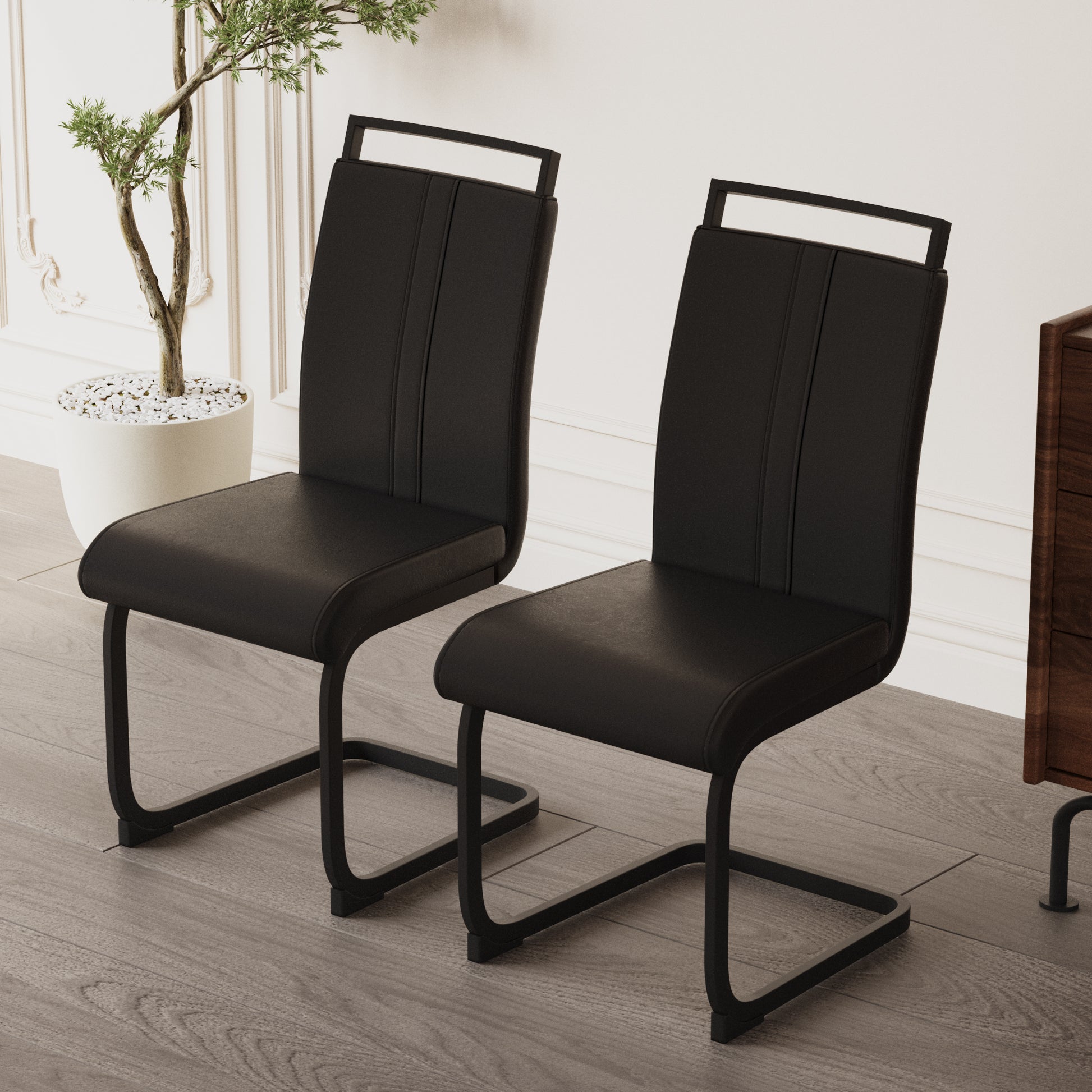 Modern Dining Chairs,Pu Faux Leather High Back Upholstered Side Chair With C Shaped Tube. Black Metal Legs For Dining Room Kitchen Vanity Patio Club Guest Office Chair Set Of 2 Black Pu Black Foam Pu