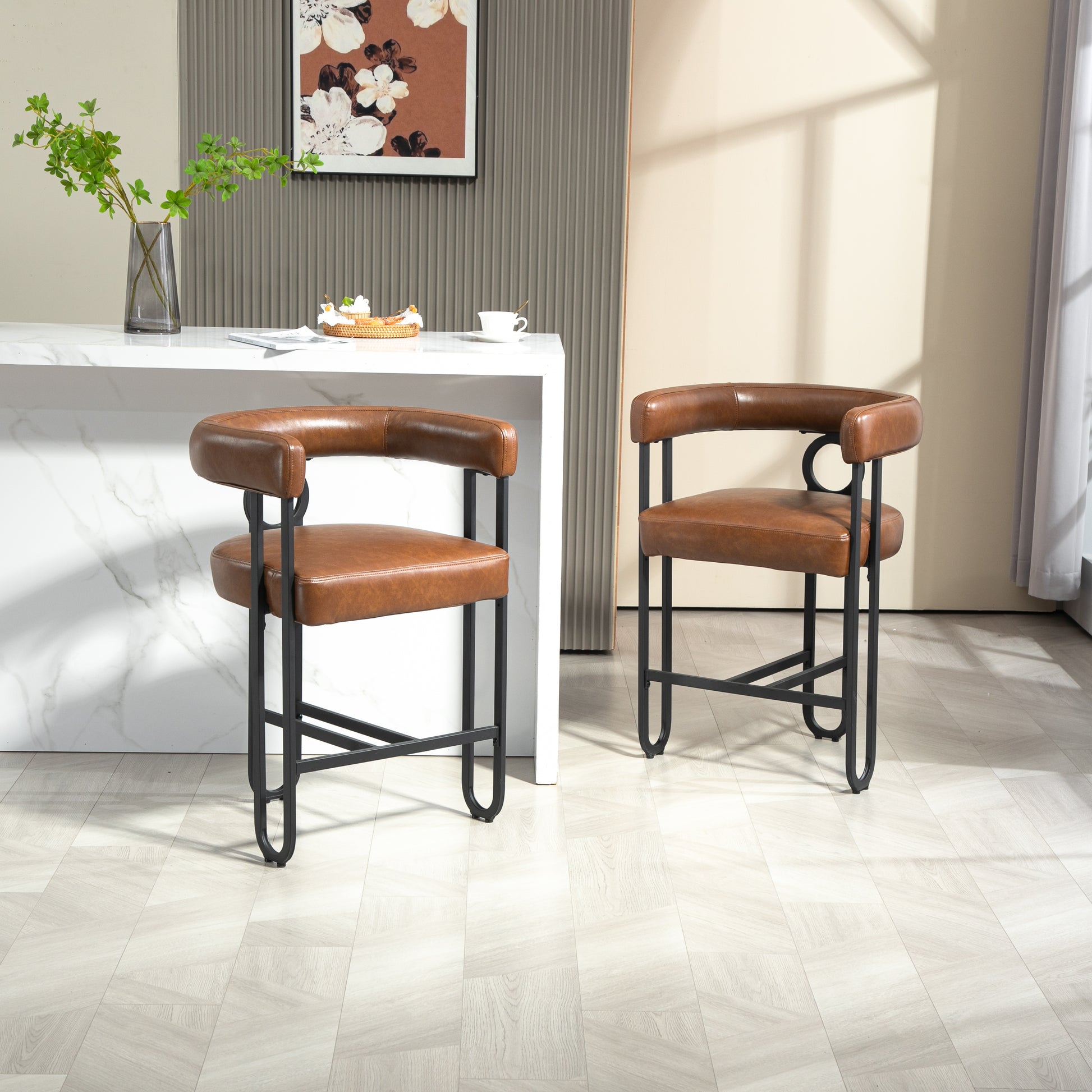 Coolmore Bar Stools Set Of 2, Modern Bar Stool With Back, Black Metal Frames, Upholstered Bar Stools For Kitchen Island, Pub, Club Light Brown Pu Light Brown Dining Room Foam Pu Leather