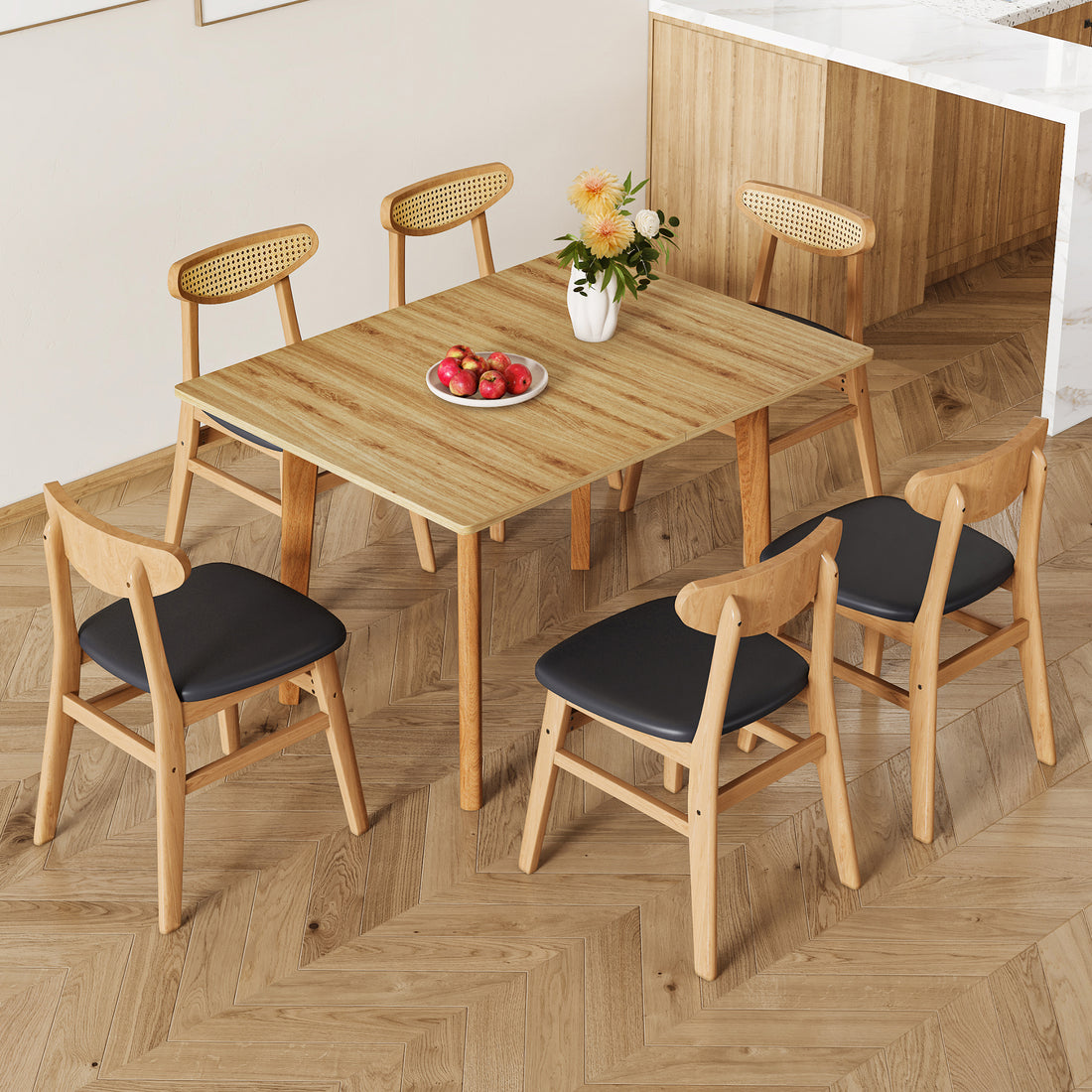 Wood Colored Mdf Desktop With Rubber Wooden Legs, Foldable Computer Desk, Foldable Office Desk, Solid Wood Dining Chair With Small Curved Back And Pu Cushion . Zd 1545 Dx 2361 Wood Seats 6 Wood