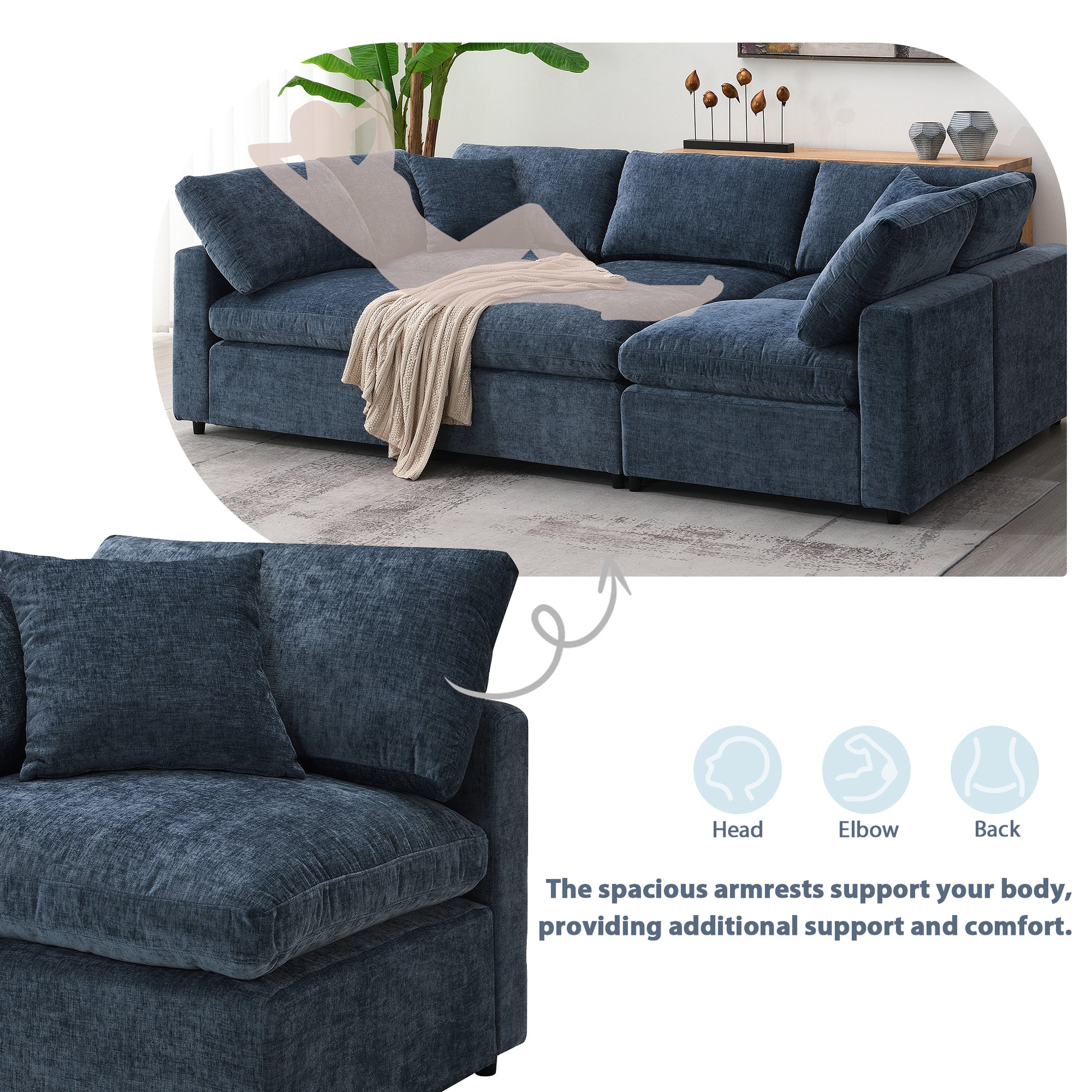 130*65" Modern Modular Cloud Sofa Bed, 6 Seat Chenille Sectional Couch Set With Ottoman,Free Combination,Convertible U Shaped Sleeper Sofa For Living Room, Apartment, 3 Colors Dark Blue Chenille 6 Seat