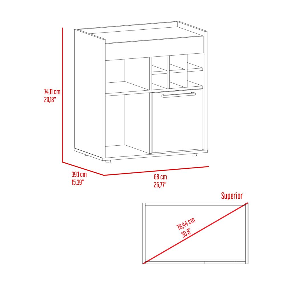 29" H Dark Walnut Bar Coffee Cart, Kitchen Or Living Room Cabinet Storage, With 6 Bottle Racks, A Central Shelf Covered By 1 Wood Door, Ideal For Storing Glasses And Snacks Brown Particle Board Particle Board