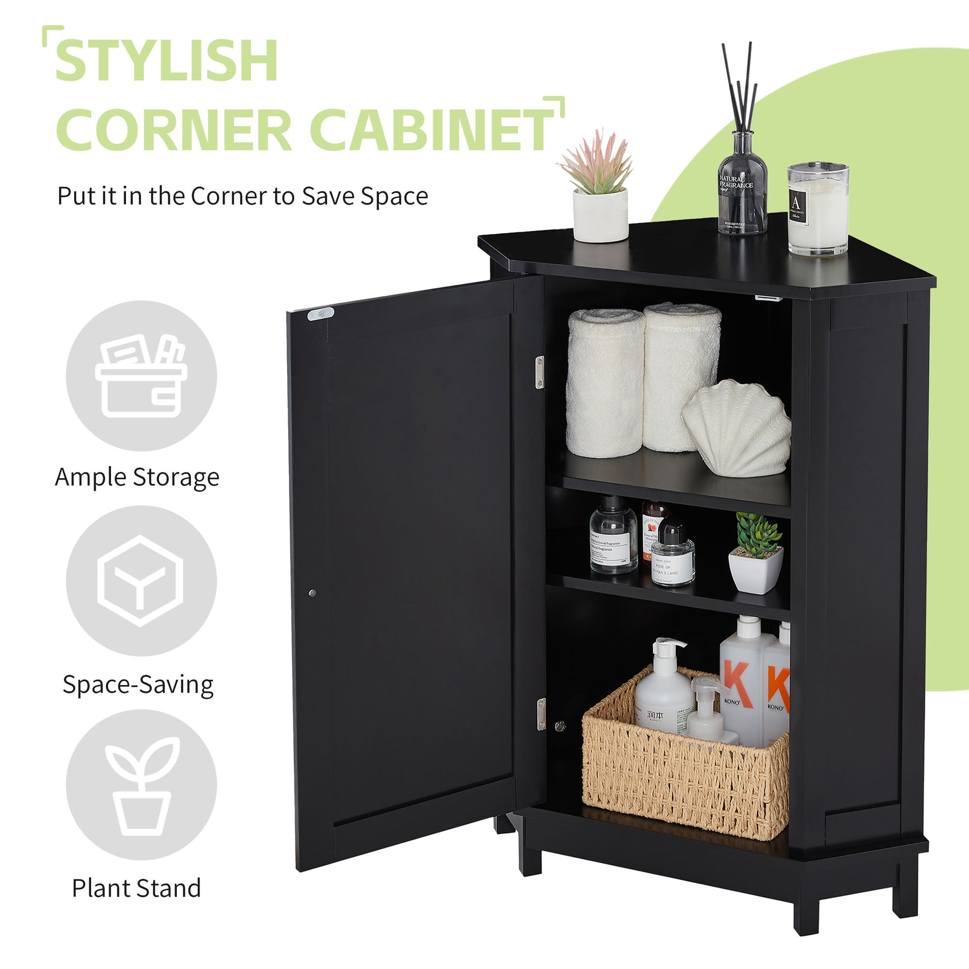 Black Bathroom Cabinet Triangle Corner Storage Cabinet With Adjustable Shelf Modern Style Mdf Board Black Mdf