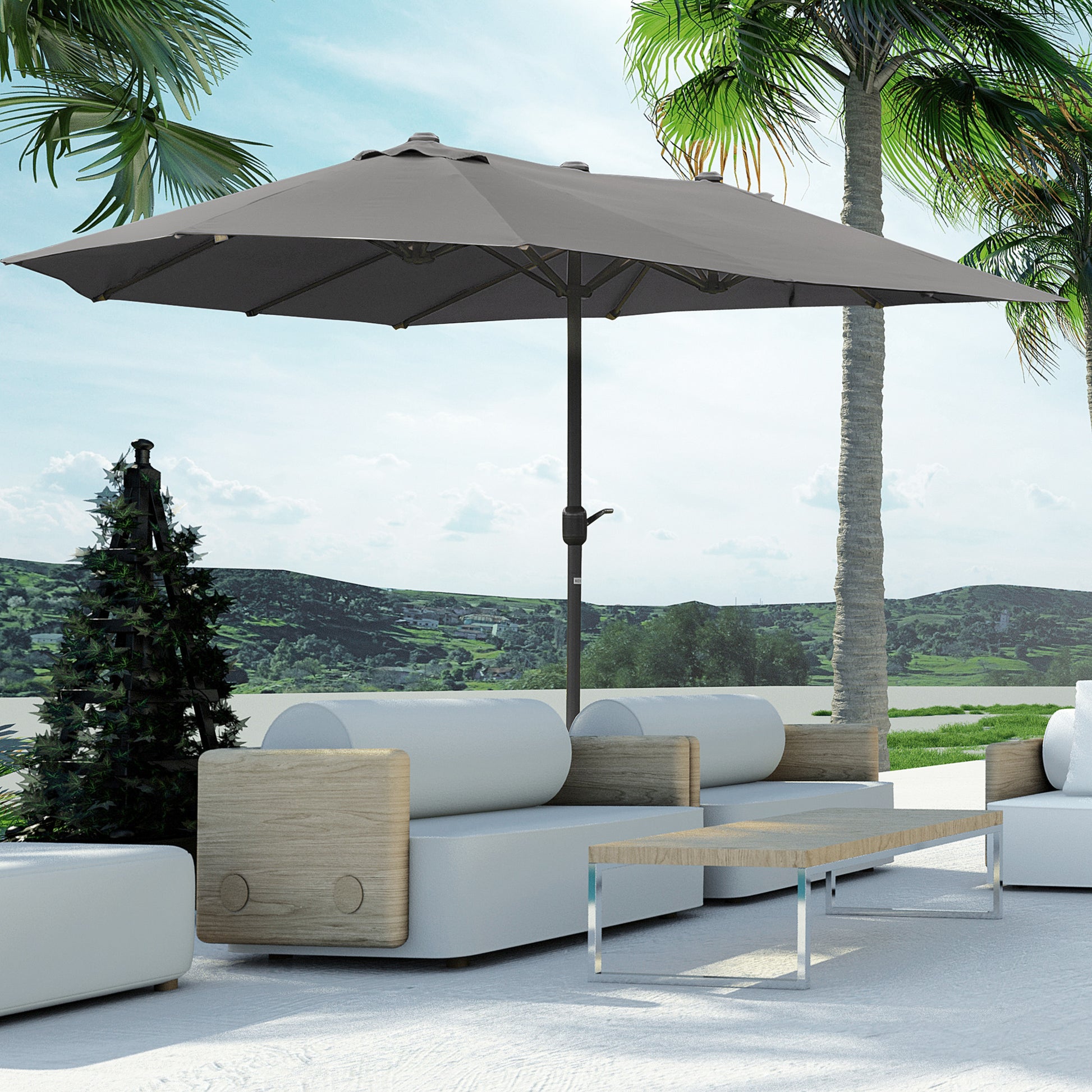 charcoal gray patio umbrella Outsunny Patio Umbrella 15' Steel Rectangular Outdoor Double Sided Market With Base, Sun Protection & Easy Crank For Deck Pool Patio, Dark Gray Grey