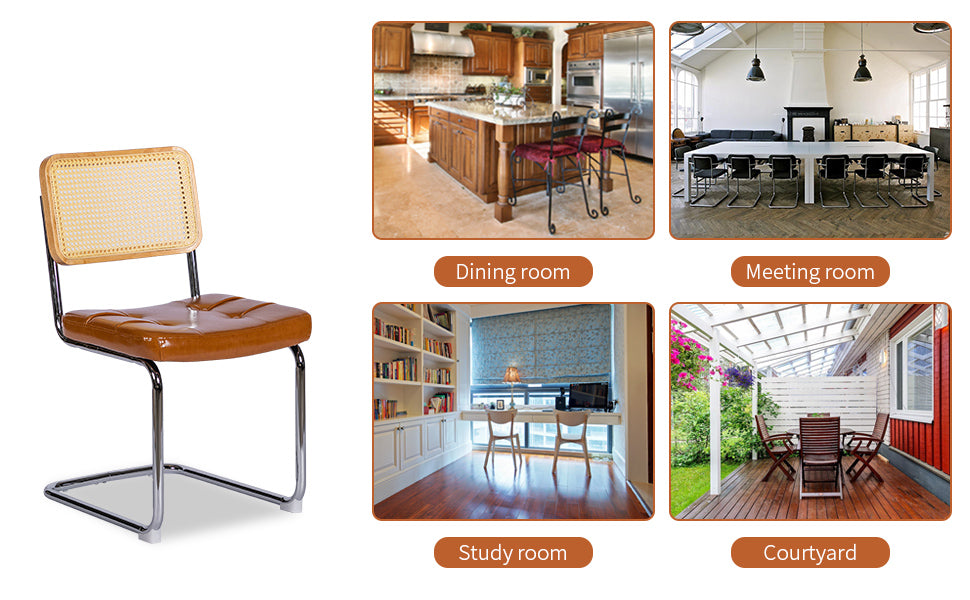 Dining Chairs Set Of 2, Fauex Leather Rattan Side Accent Chairs With Chrome Legs, Modern Mid Century Breuer Designed Chairs, Upholstered Dining Living Room Kitchen Chairs Brown 2Pcs Brown Faux