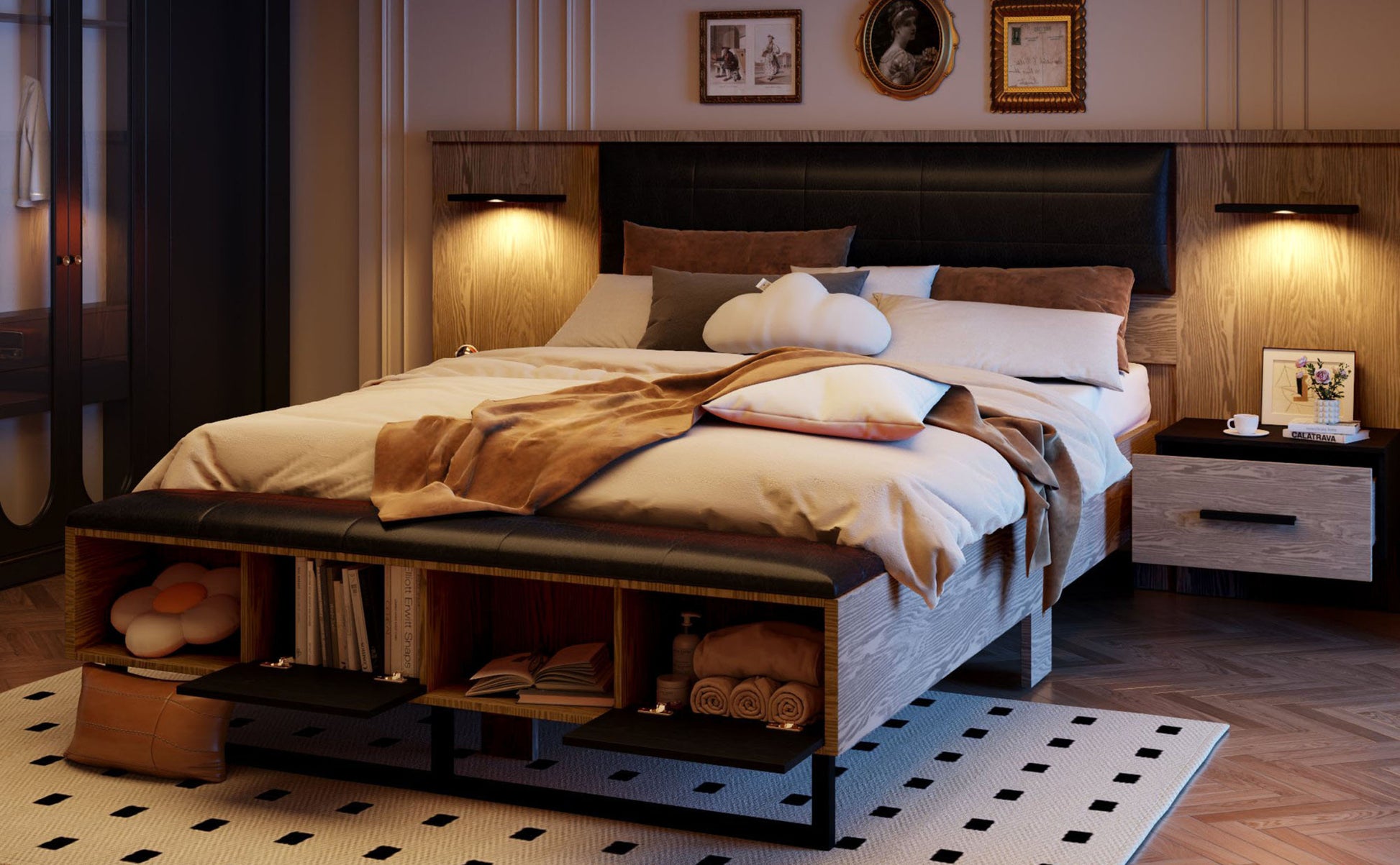 Queen Size Wood Platform Bed With Upholstered Headboard, Lights And Storage Nightstand, Bench, Walnut Box Spring Not Required Queen Walnut Wood Bedroom Bed Frame Faux Leather Solid Wood Mdf