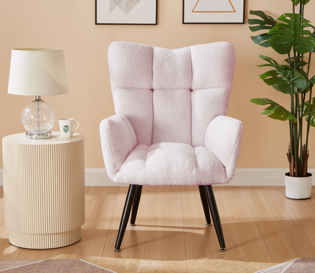 Modern Single Sofa Armchair With High Backrest Comfy Reading Chair For Small Spaces Living Room Bedroom Apartment Color:Pink Pink Teddy