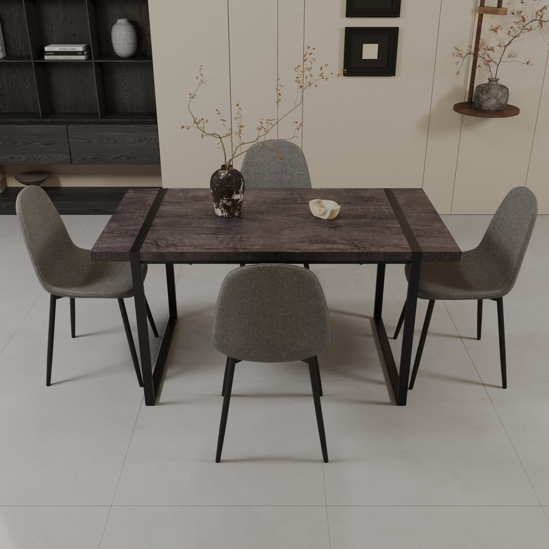 59" Mdf Black Wooden Dining Table And Modern Dining Chair Set Of 4 Pieces, Medieval Wooden Kitchen Dining Table Set, Black Rectangular Metal Base, Dining Table And Suede Chair Set Black Grey Mdf