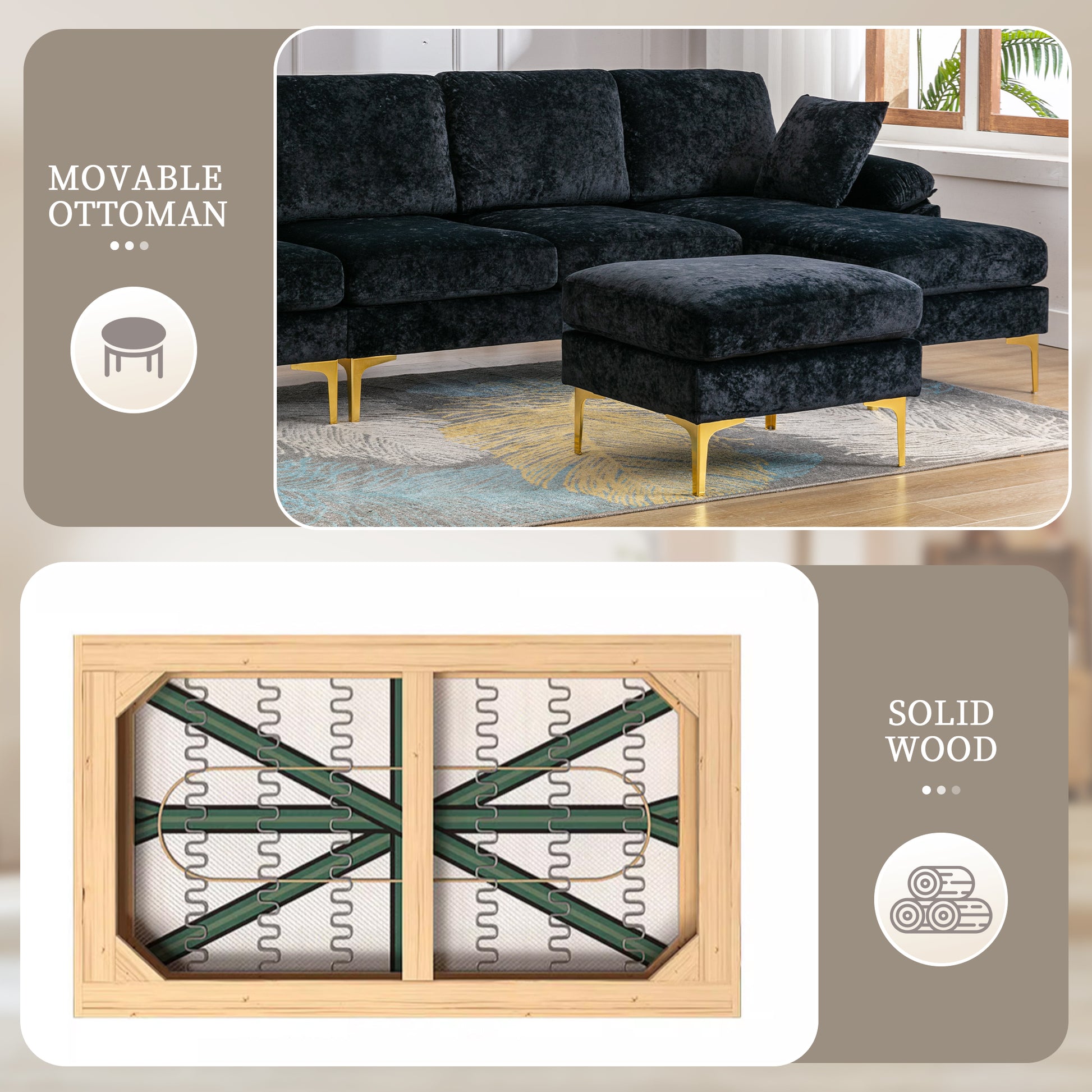 Coolmore U Shape Sectional Sofa With Ottomanreversible Sofa Couch For Living Room,Spacious Furniture,Durable Couch Removable And Machine Washable Cover Black Velvet Black Primary Living Space Foam Velvet 4 Seat