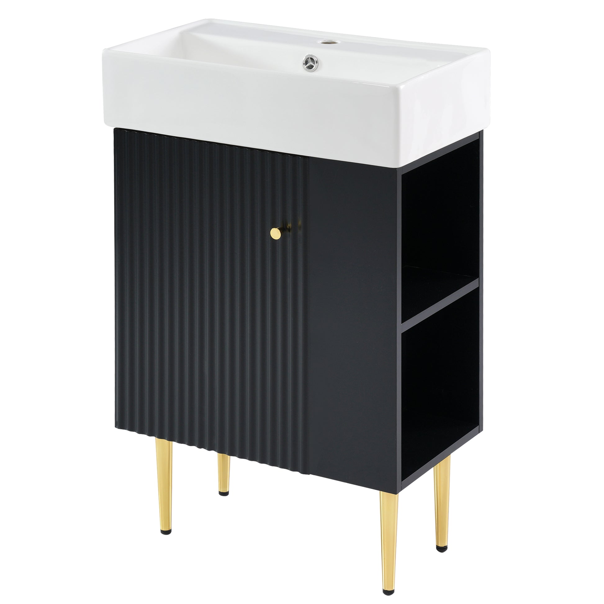 21.6" Black Bathroom Vanity, Combo Cabinet, Bathroom Storage Cabinet, Single Ceramic Sink, Right Side Storage Black Bathroom Ceramic Mdf