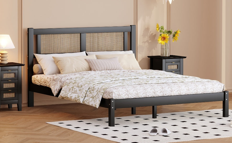 Queen Size Wooden Platform Bed With Natural Rattan Headboard, Exquisite Elegance With Minimalist Charm For Bedroom, Black Black Particle Board
