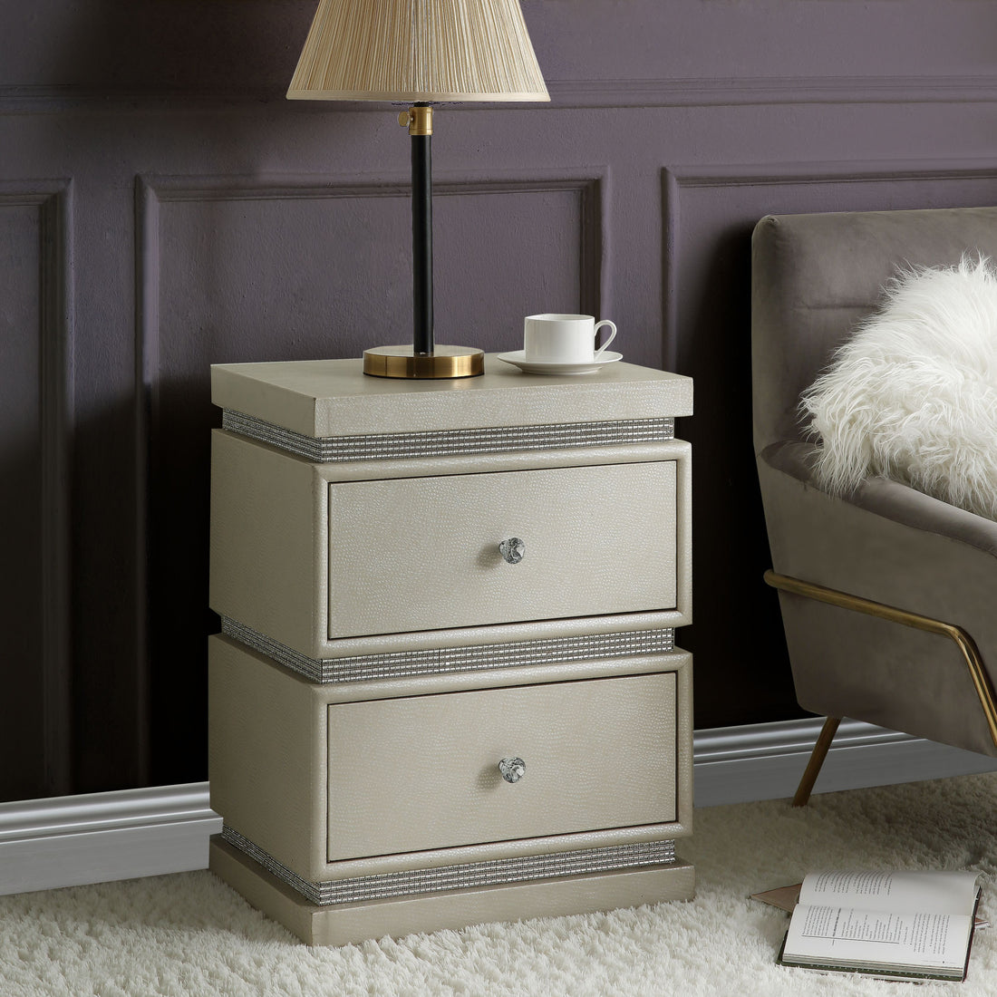 Ivory 2 Drawer Accent Table With Faux Diamonds Border Ivory Primary Living Space Traditional Drawers Rectangular Mdf