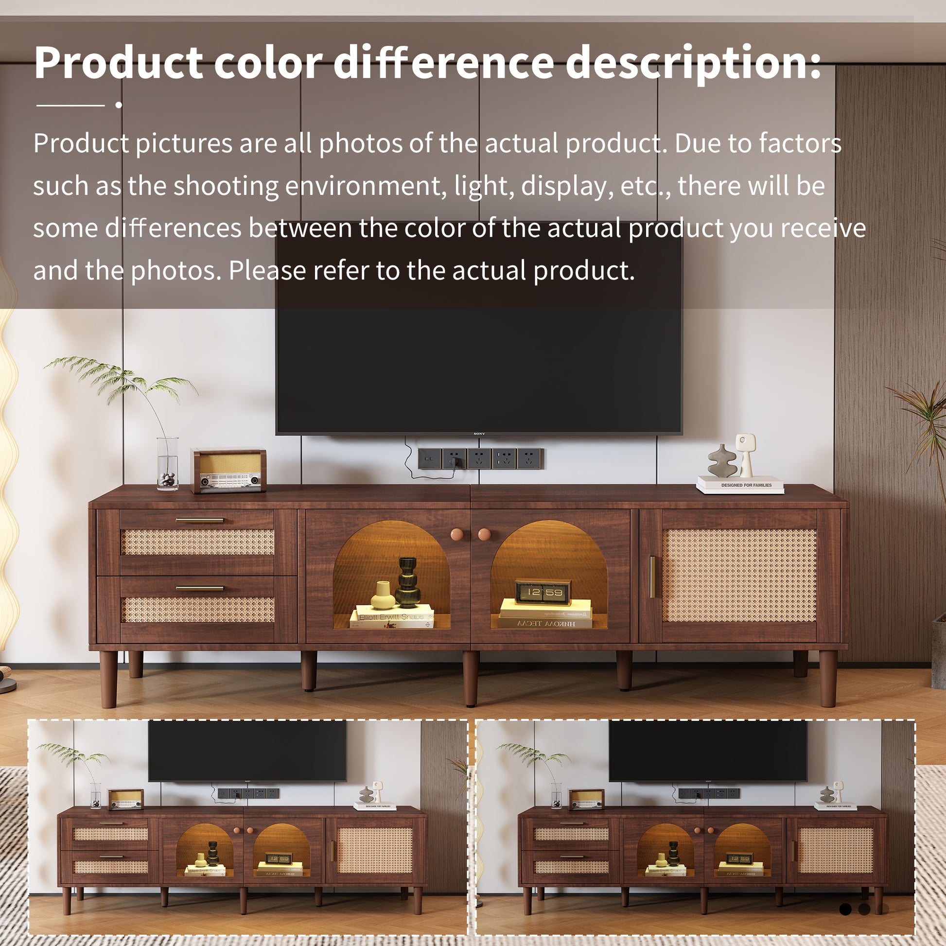 Rattan Tv Stand With 3 Cabinets & 2 Drawers, Rattan Inspired Media Console Table For Tvs Up To 80'', Led Light Entertainment Center, Tv Cabinet For Living Room, Bedroom, Home Theatre Dark Brown