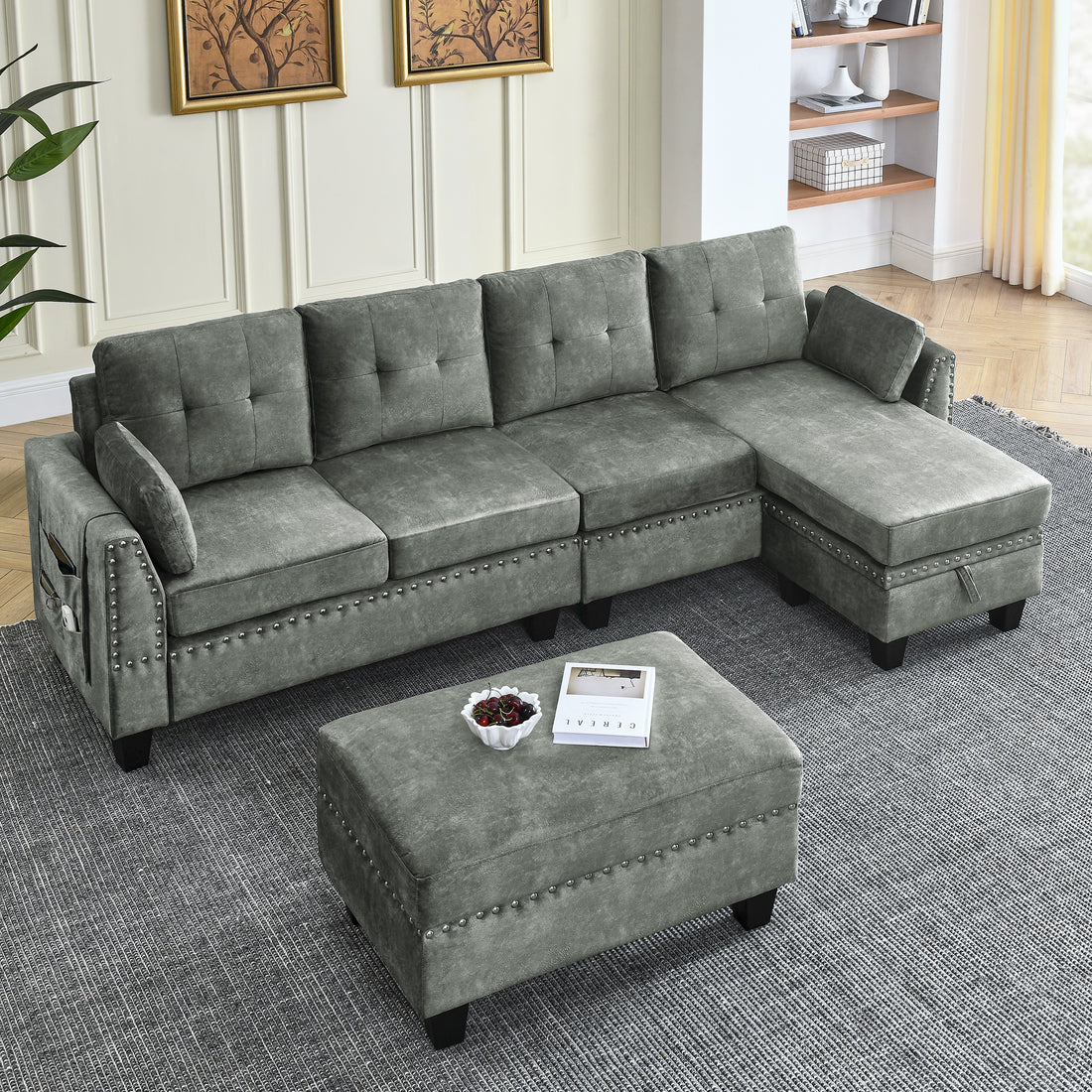 Sectional 3 Seaters Sofa ,Double Sided Multi Functional Footstool, Storage Matnon Slip Leg, Two Pillows, Velvet, Light Grey Light Grey Velvet 3 Seat