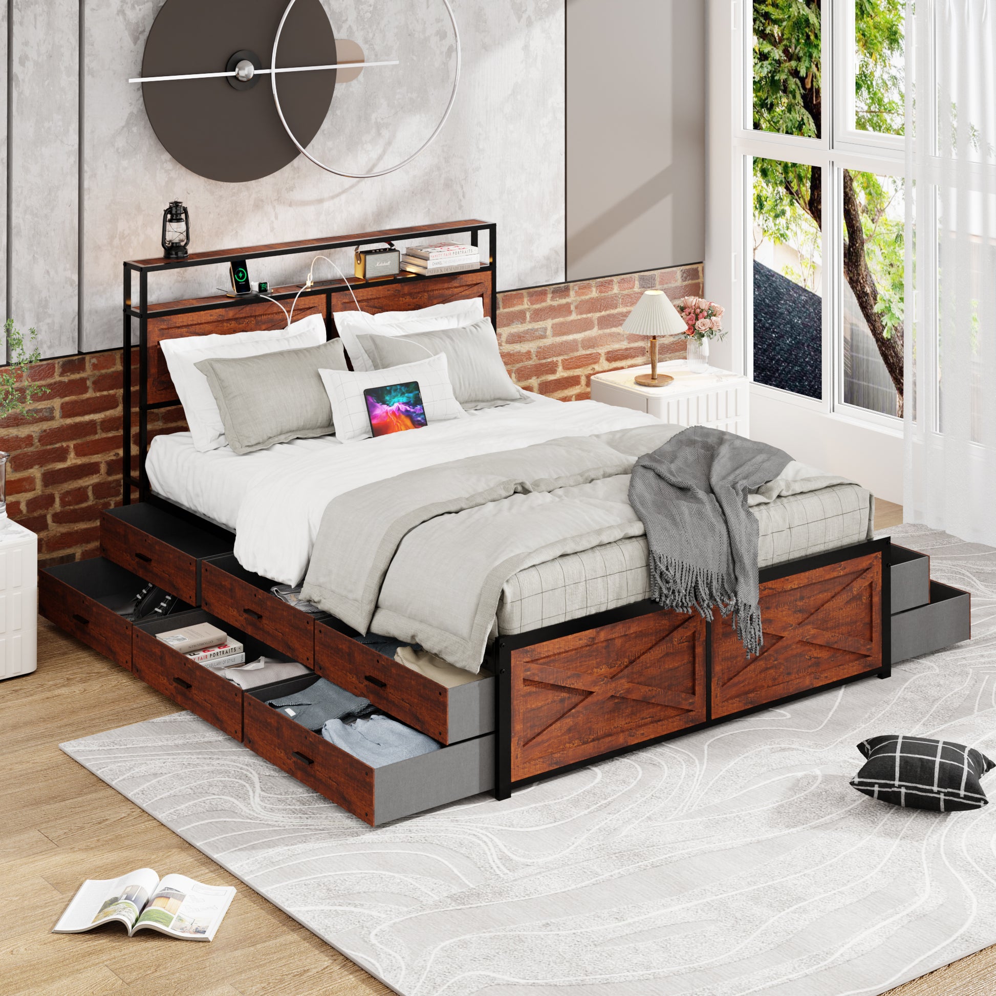 Queen Bed Frame With Storage Headboard And 12 Drawers Led Lights, Metal Platform Non Slip Without Noise Mattress Foundation Strong Metal Slats Support,No Box Spring Needed Box Spring Not Required Queen Rustic Brown Metal Brown Bedroom Bed Frame Wood