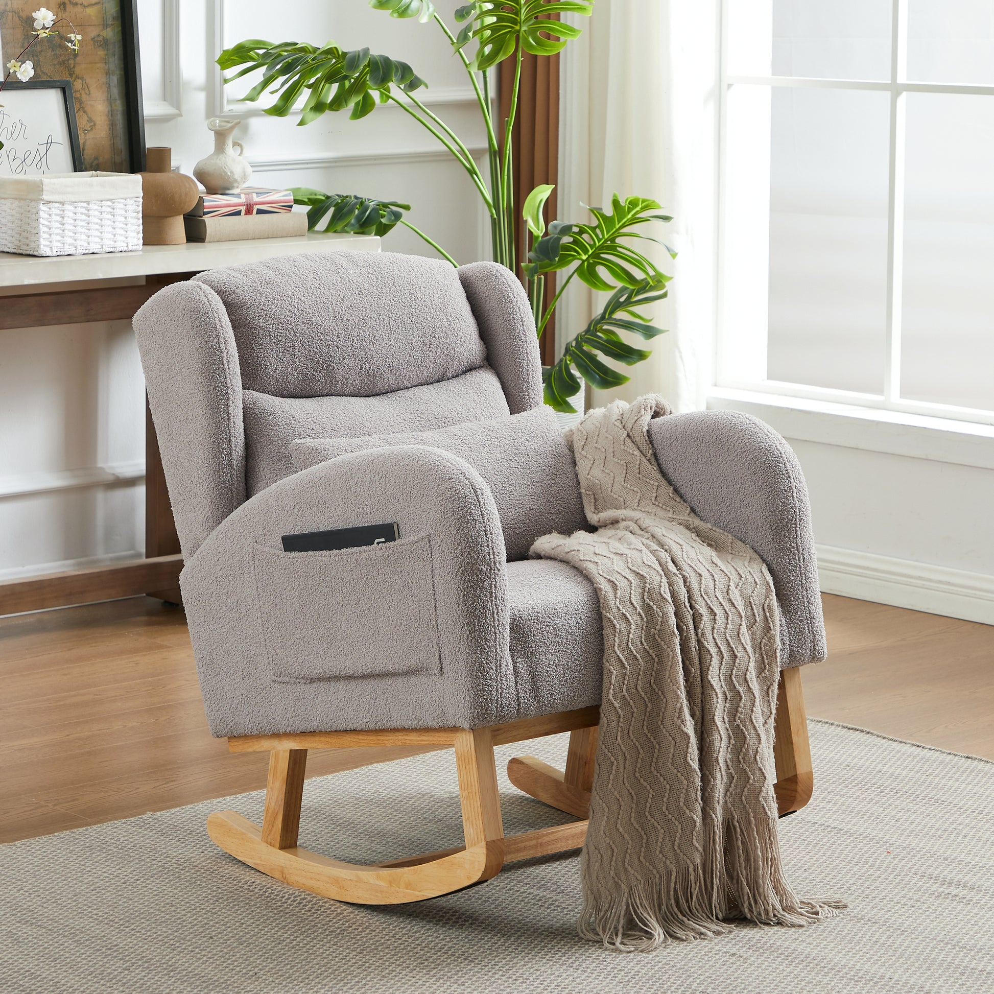 27.2"W Modern Accent High Backrest Living Room Lounge Arm Rocking Chair, Two Side Pocket Grey Foam Fabric