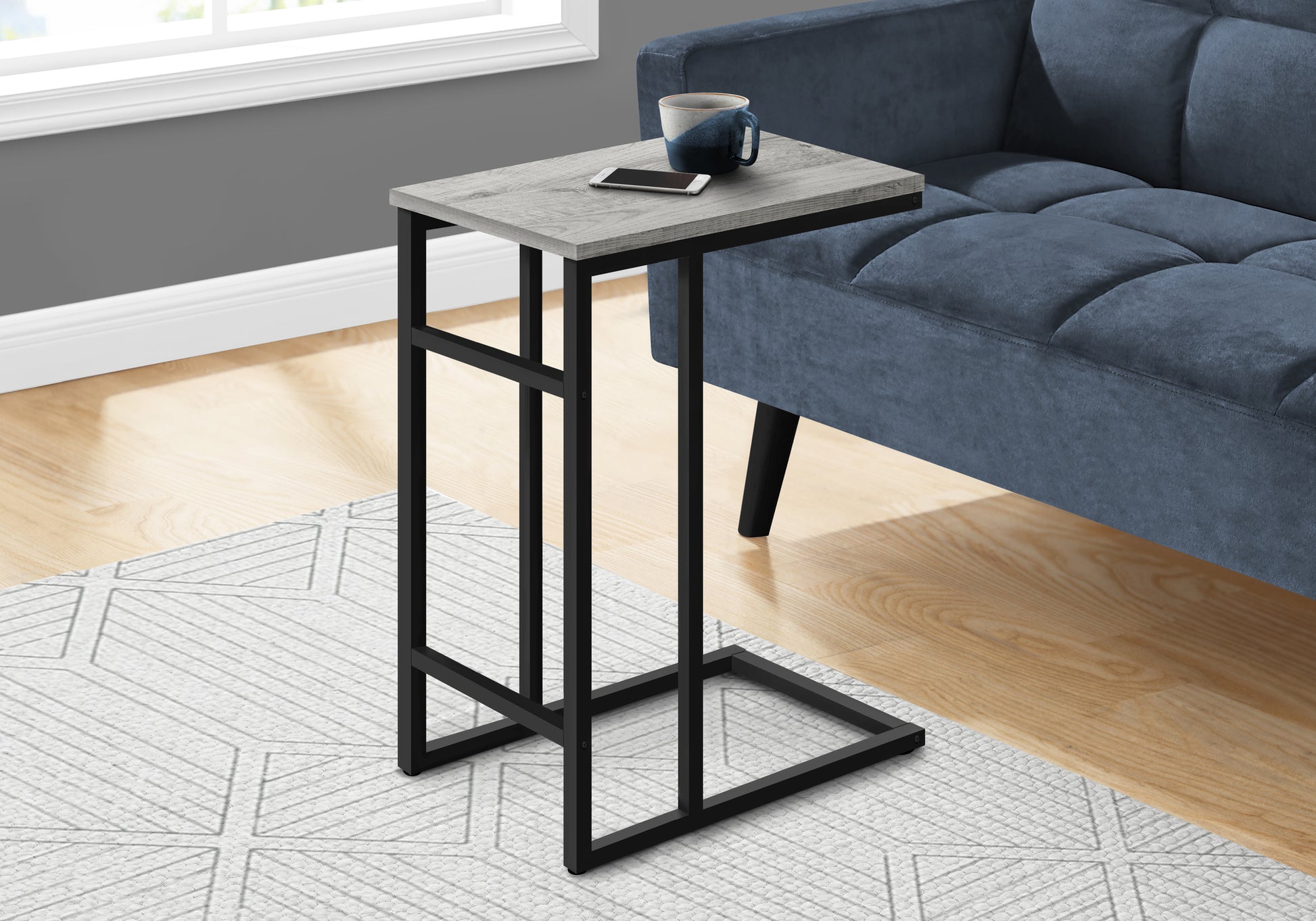 Accent Table, C Shaped, End, Side, Snack, Living Room, Bedroom, Grey Laminate, Black Metal, Contemporary, Modern Grey Particle Board