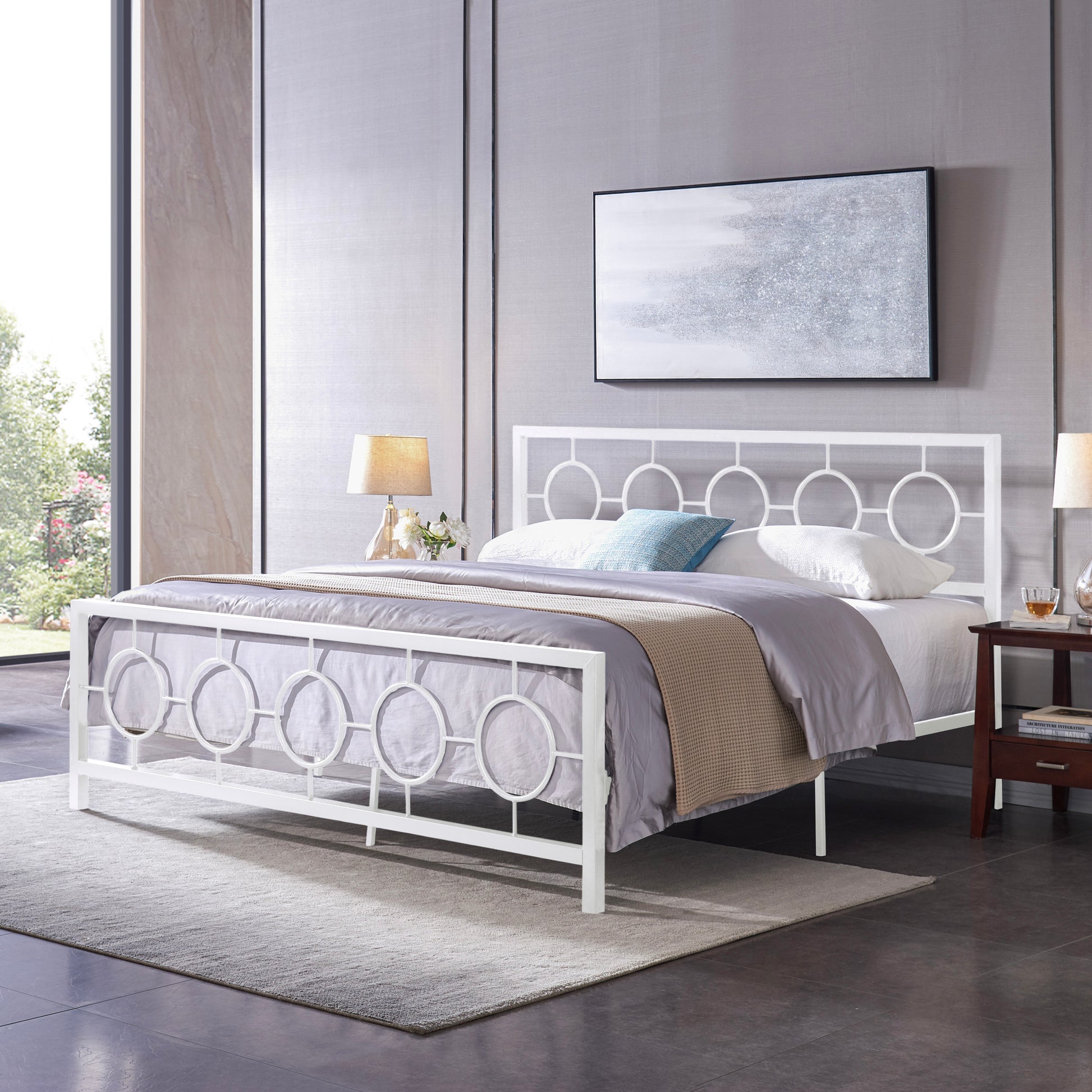 King Size Classical Metal Bed Frame With Circular Design Headboard And Footboard, Under Bed Space, White King White Iron