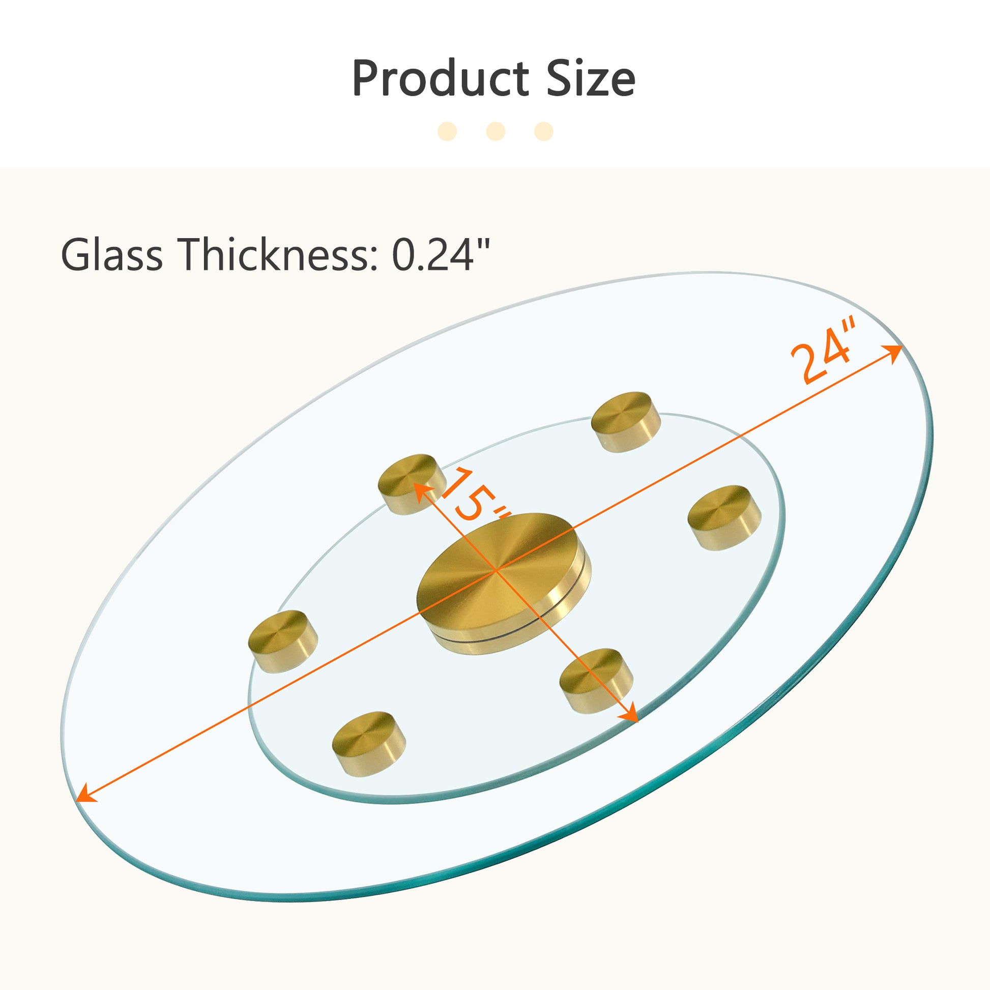 Double Layer Rotatable Round Glass.Golden Aluminum Plate,The Rotatable Design Makes It Convenient To Retrieve And Place Items.The Upper Glass Has A Diameter Of 24 Inches, The Lower Glass15 Inches.