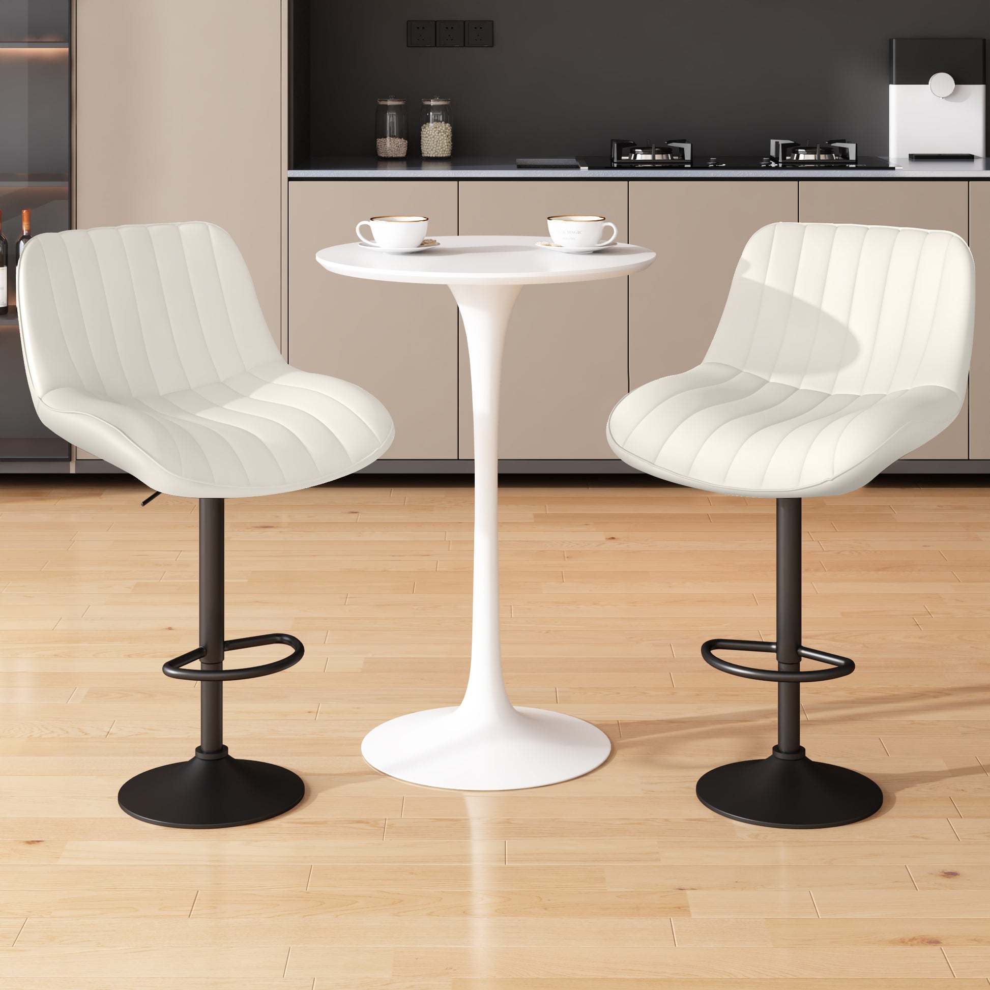 Modern Bar Stool Set Of 2, Adjustable Faux Leather Upholstered Swivel Counter Stools, Counter Height Barstools With Back For Kitchen Island White Metal