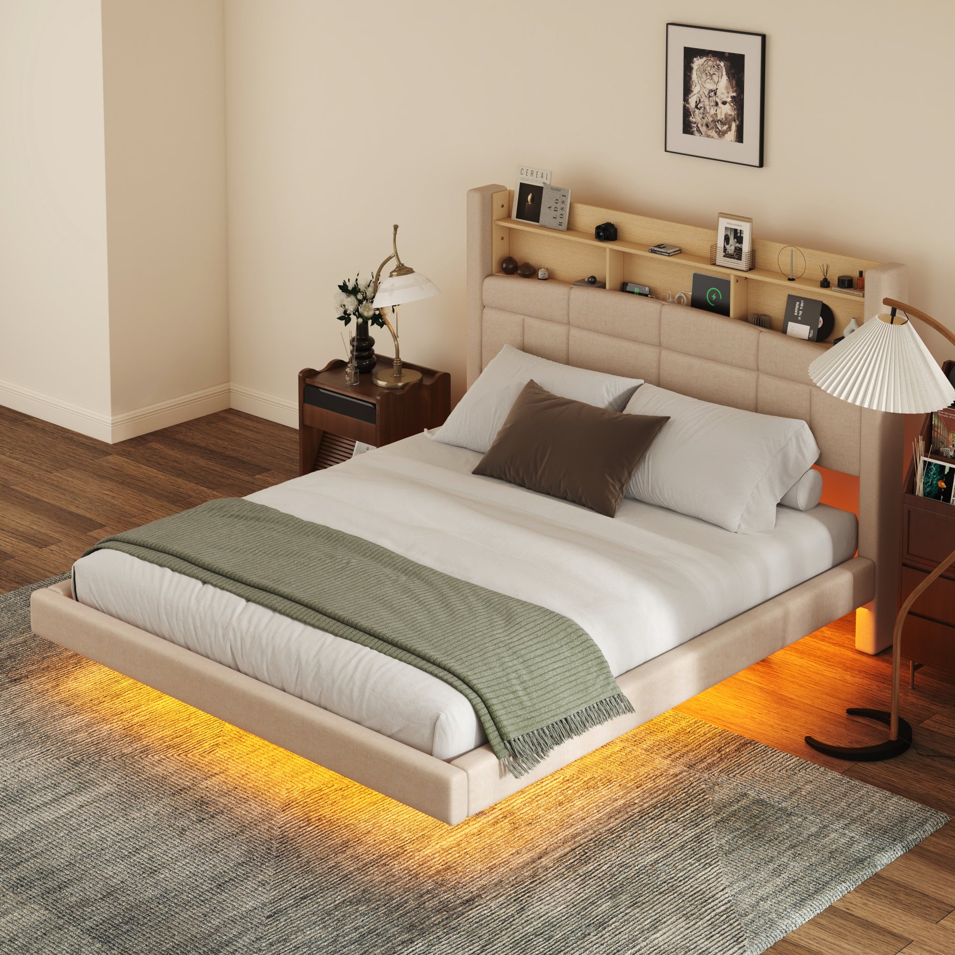 Queen Size Upholstered Floating Bed With Led And Storage Headboard, Beige Box Spring Not Required Queen Beige Wood Bed Frame Linen Upholstered