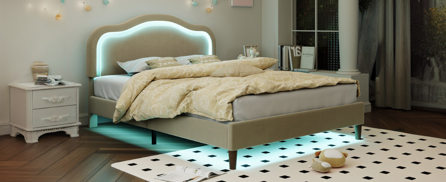 Queen Size Velvet Upholstered Smart Led Bed Frame With Adjustable Height Headboard,No Box Spring Needed,Easy Assembly,Beige Box Spring Not Required Queen Beige Wood Bedroom Cute,Modern Bed Frame Wood