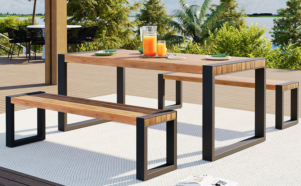 3 Pieces Outdoor Dining Table With 2 Benches, Patio Dining Set With Unique Top Texture, Acacia Wood Top & Steel Frame, All Weather Use, For Outdoor & Indoor, Natural No Acacia Wood Garden & Outdoor Acacia Wood