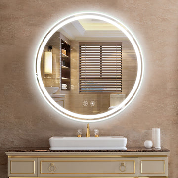 Round Bathroom Mirror 24X24 Inch White Black Aluminium,Tempered Glass