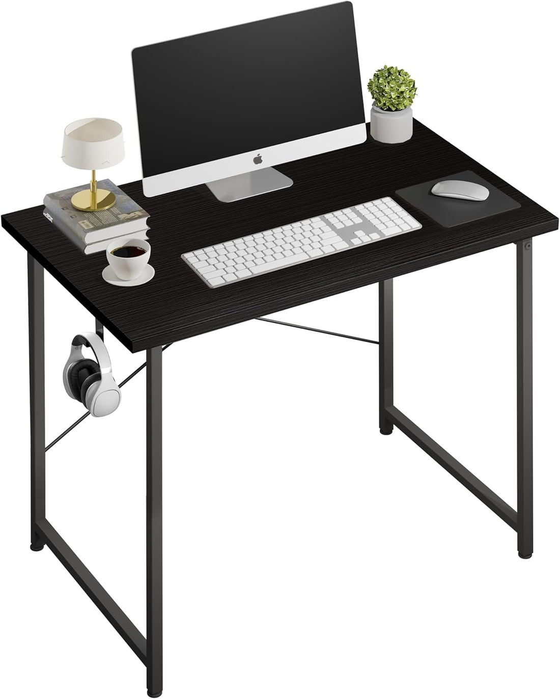 Small Space Writing Desk With Headphone Hooks Modern Simple Design, Suitable For Study, Home Office And Children'S Room, 32 Inch, Black Black Wood