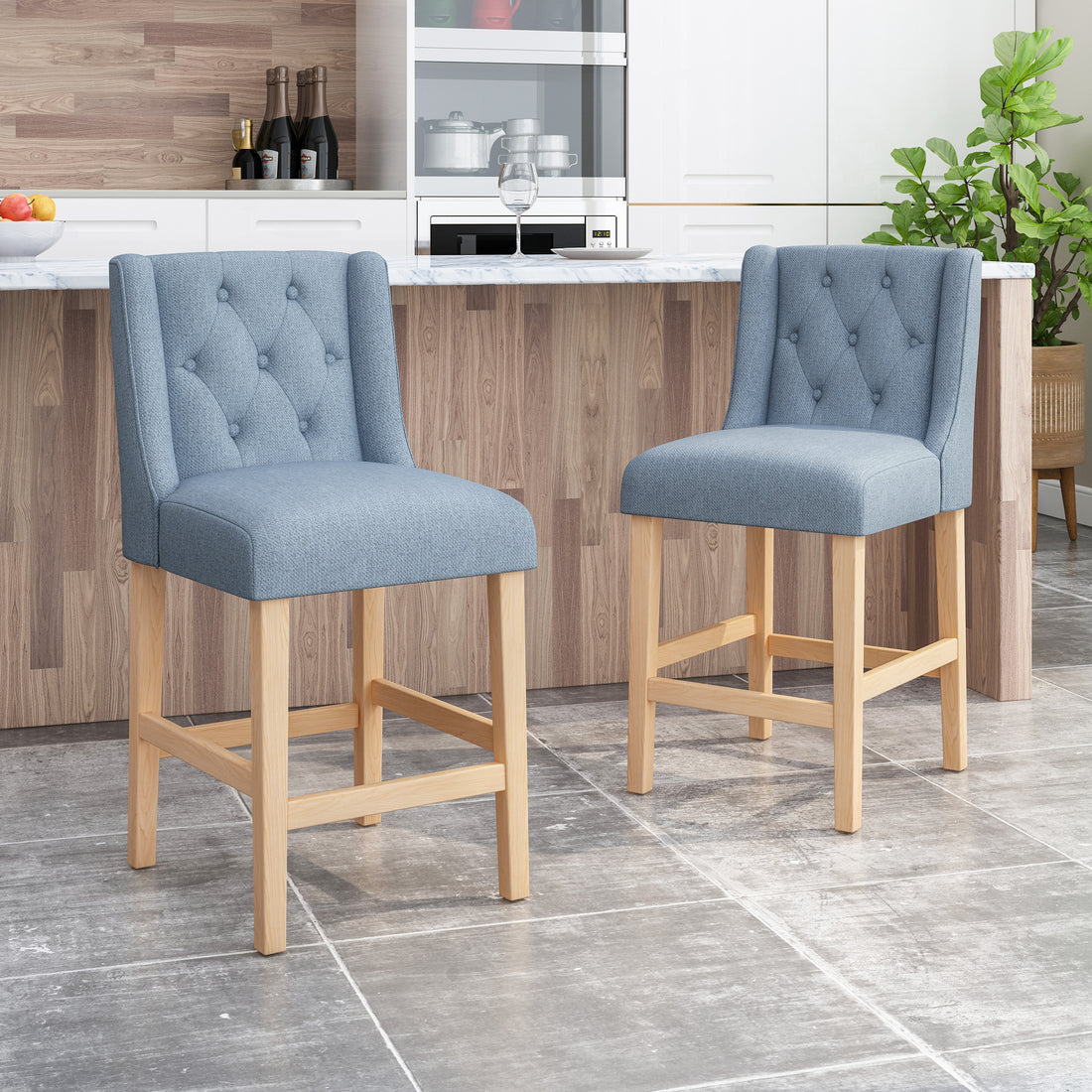 Vienna Contemporary Fabric Tufted Wingback 27 Inch Counter Stools, Set Of 2, Light Blue And Natural Light Blue Natural Fabric