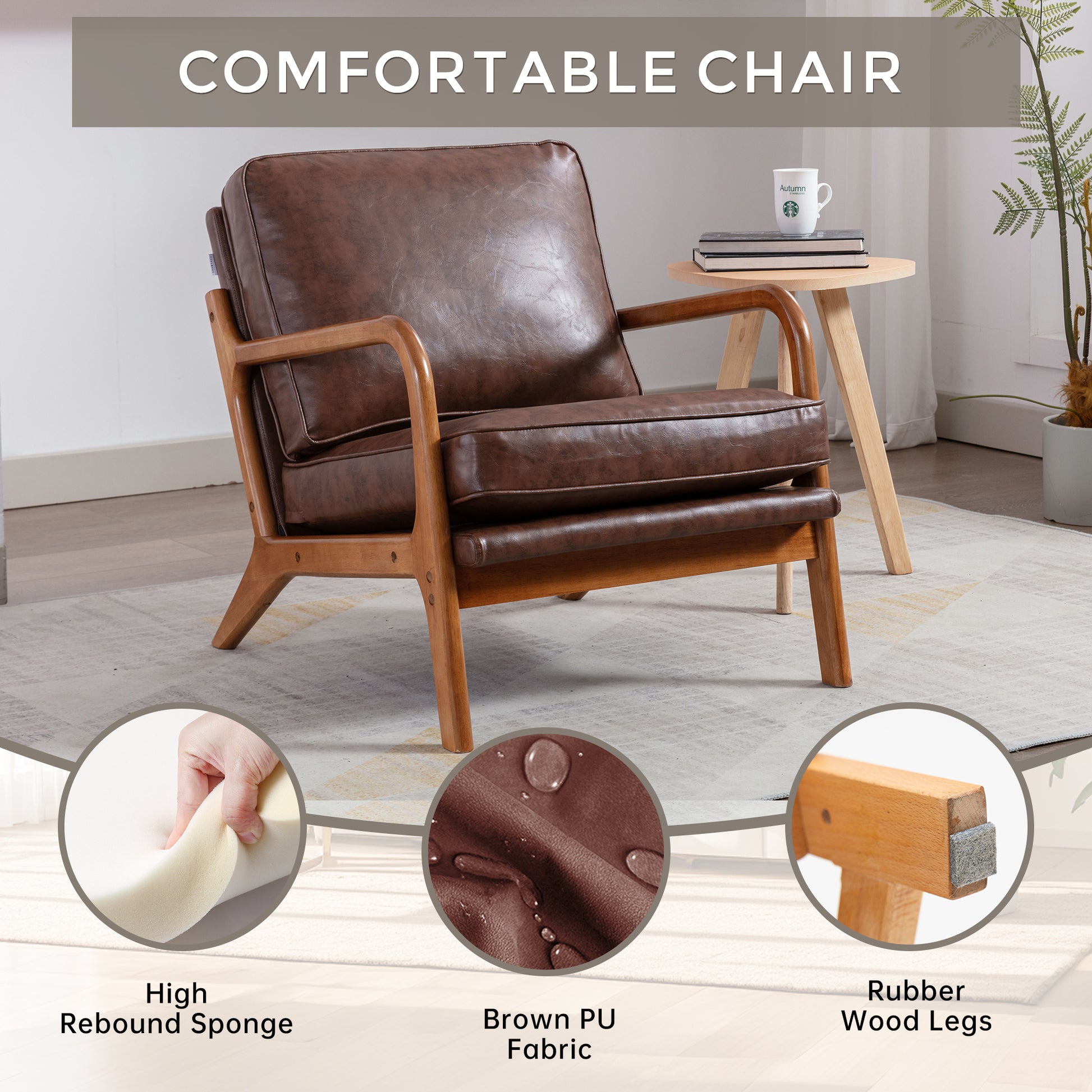 Coolmore Mid Century Modern Accent Chair, Comfy Fabric Living Room Chairs With Solid Wood Frame, Lounge Reading Armchair, Easy Assembly Brown Pu Brown Primary Living Space Foam Pu