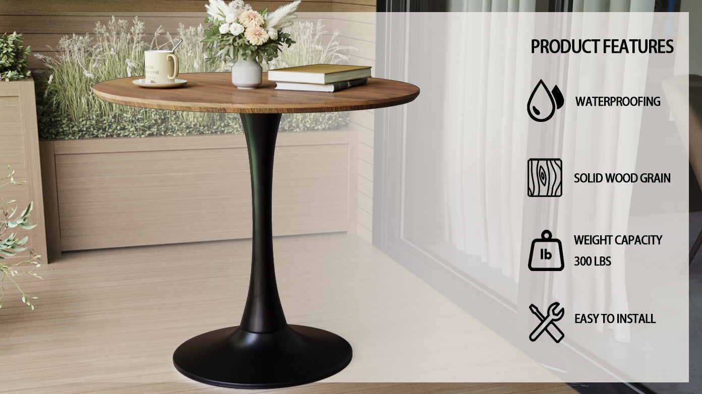 Walnut Circular Dining Table, 31.5 "Tulip Dining Table, Kitchen Dining Table For 2 4 People, Mdf Tabletop And Base, And 2 Gray Pu Black Metal Leg Dining Chairs Set 2 Walnut Mdf