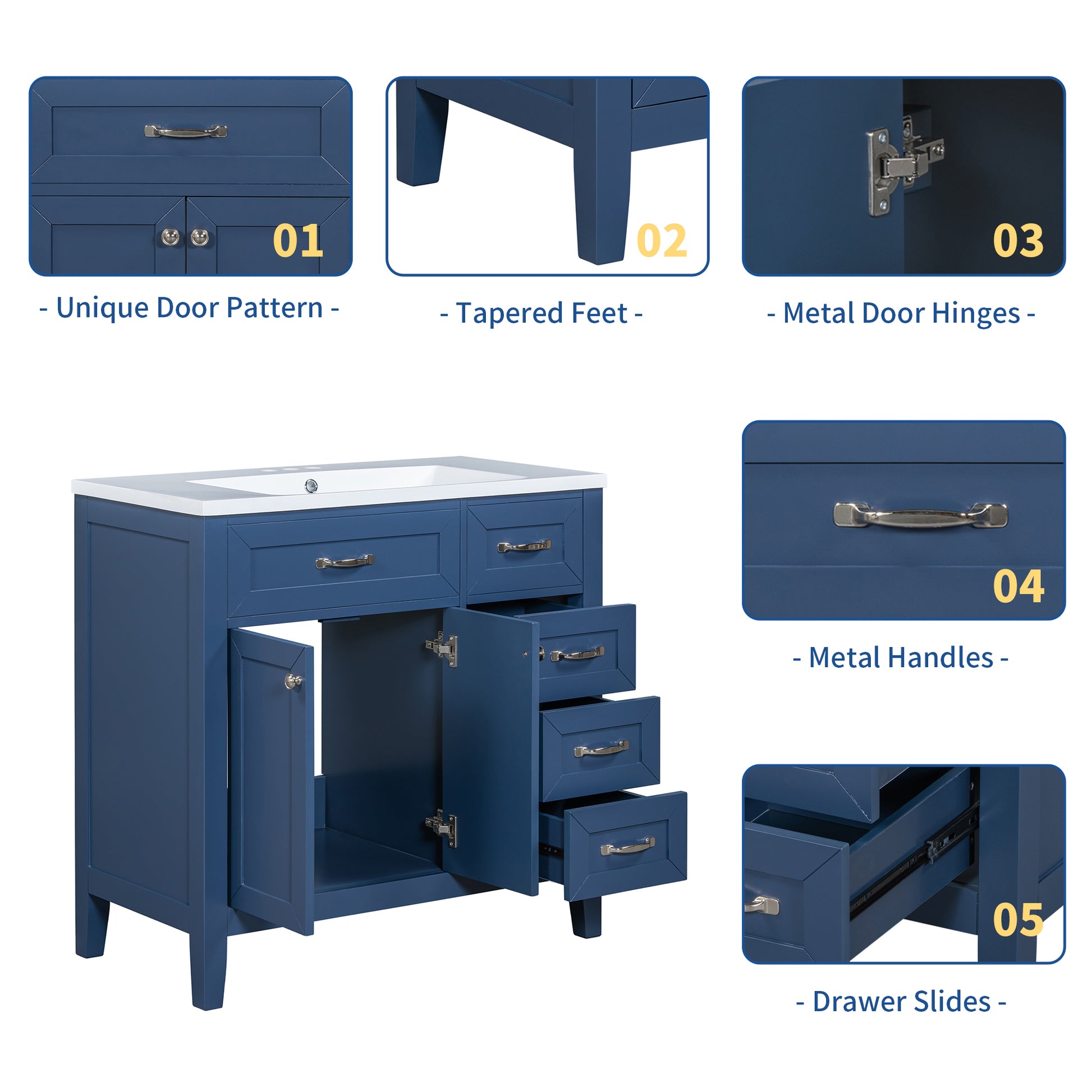 36" Bathroom Vanity With Sink Combo, Blue Bathroom Cabinet With Drawers, Solid Frame And Mdf Board Blue Solid Wood Mdf