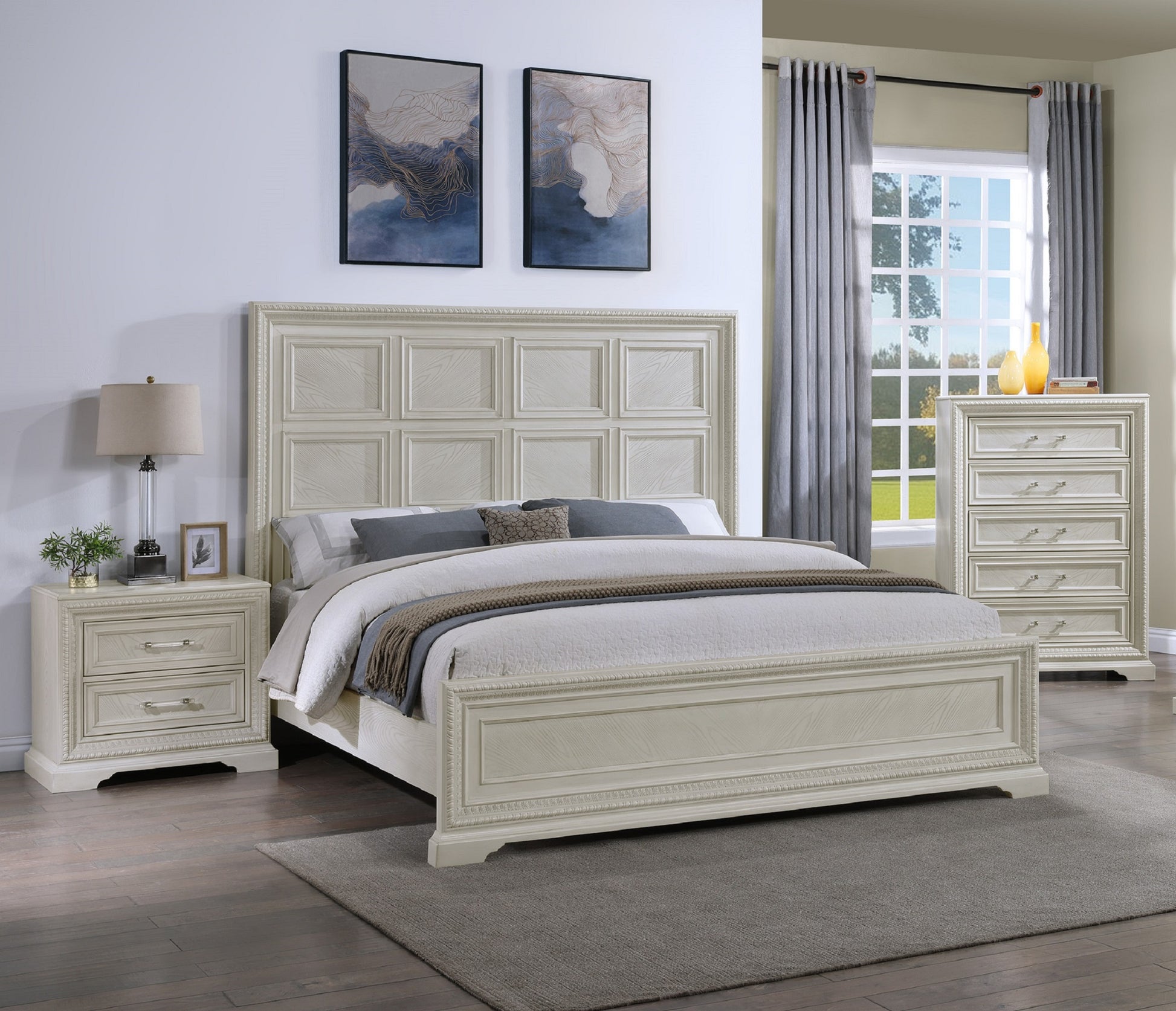 Transitional 1Pc King Panel Bed Modern Aesthetics White Cream Solid Wood Wooden Bedroom Furniture Box Spring Required King Cream White Wood Transitional Panel Wood Fabric